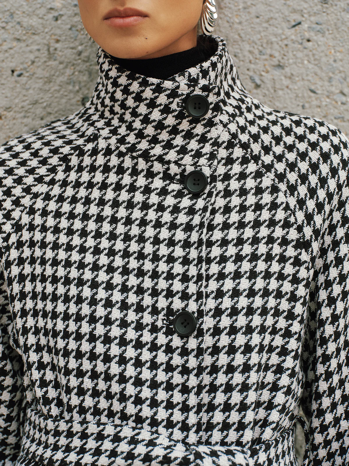 Belted Tweed Houndstooth Long Trench Coat - Image 3