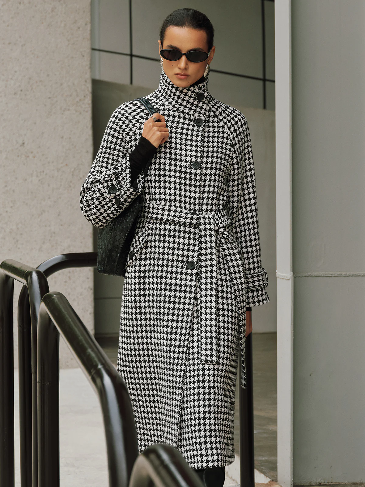 Belted Tweed Houndstooth Long Trench Coat - Image 4