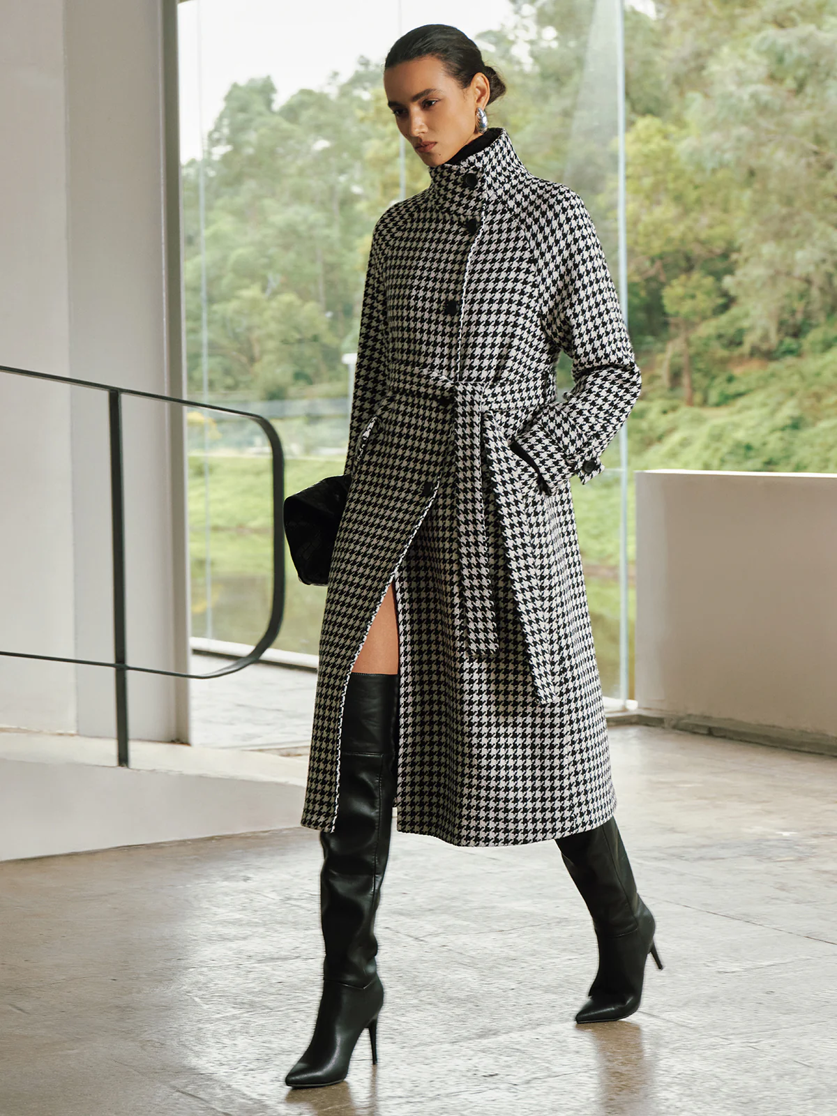 Belted Tweed Houndstooth Long Trench Coat - Image 6