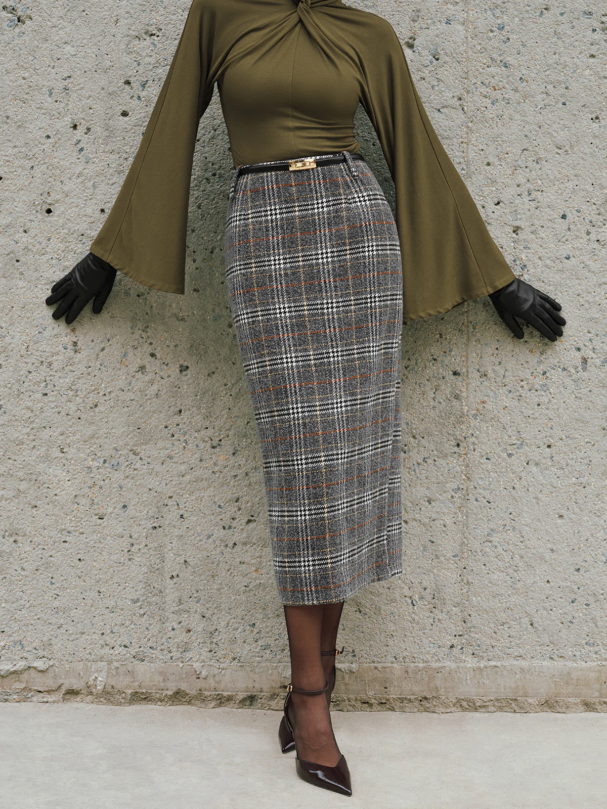 Belted Tweed Plaid Midi Skirt - Image 4