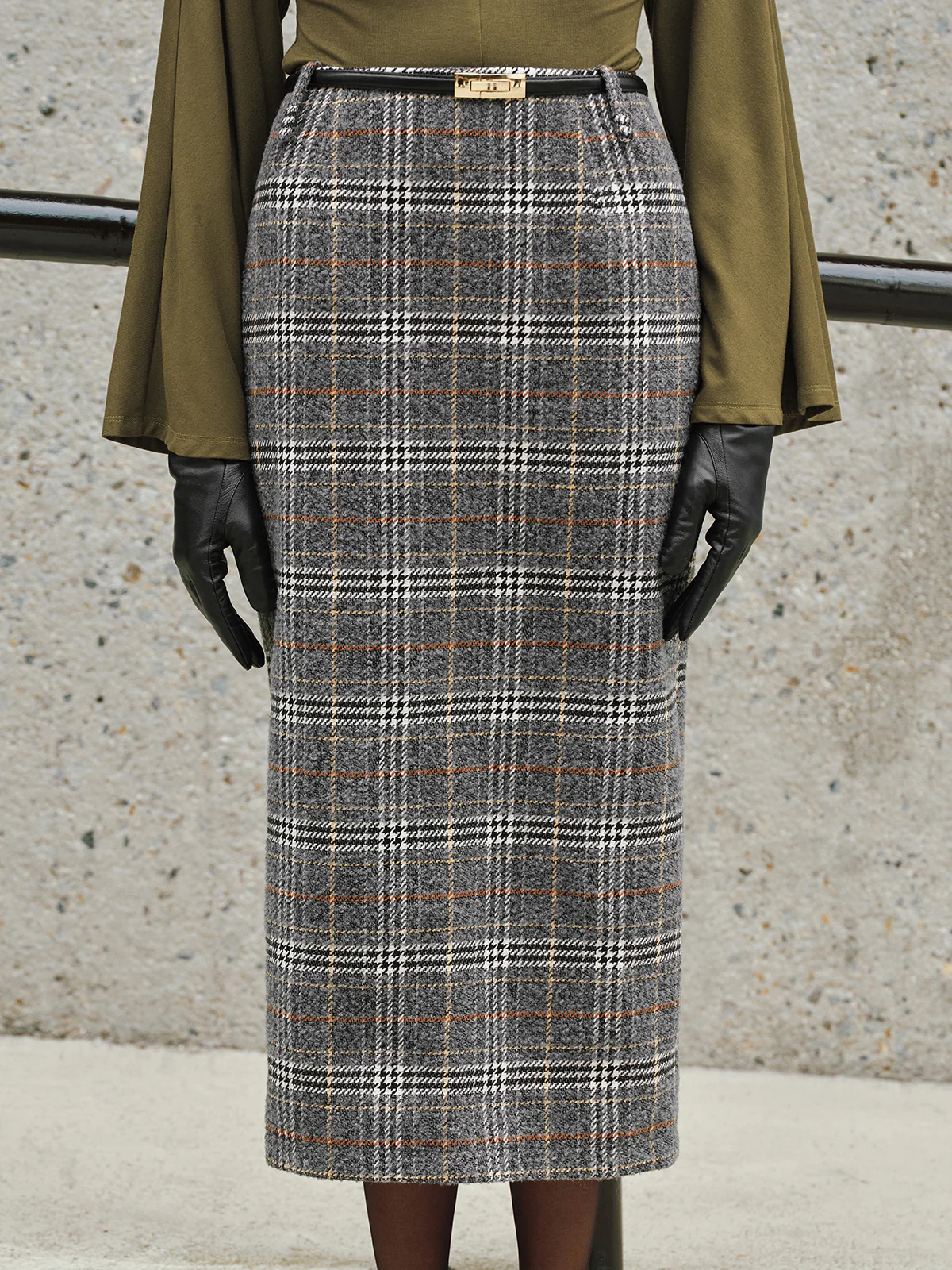 Belted Tweed Plaid Midi Skirt - Image 5