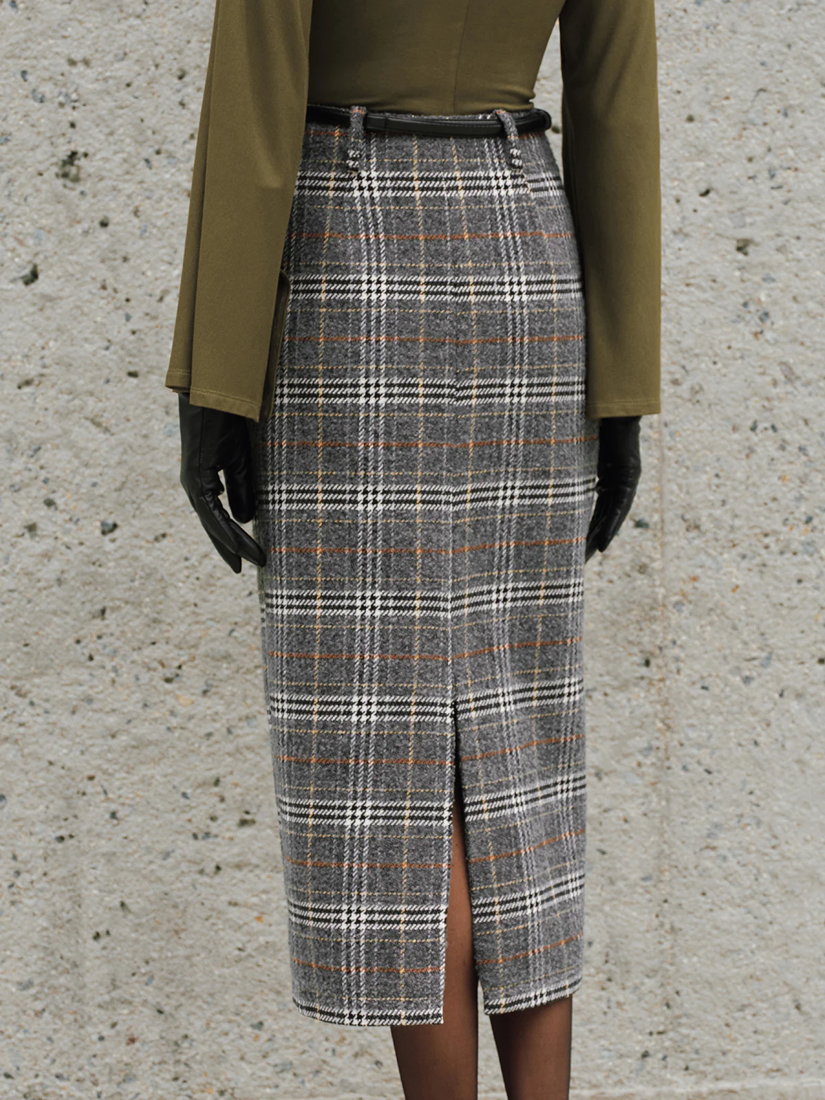 Belted Tweed Plaid Midi Skirt - Image 6