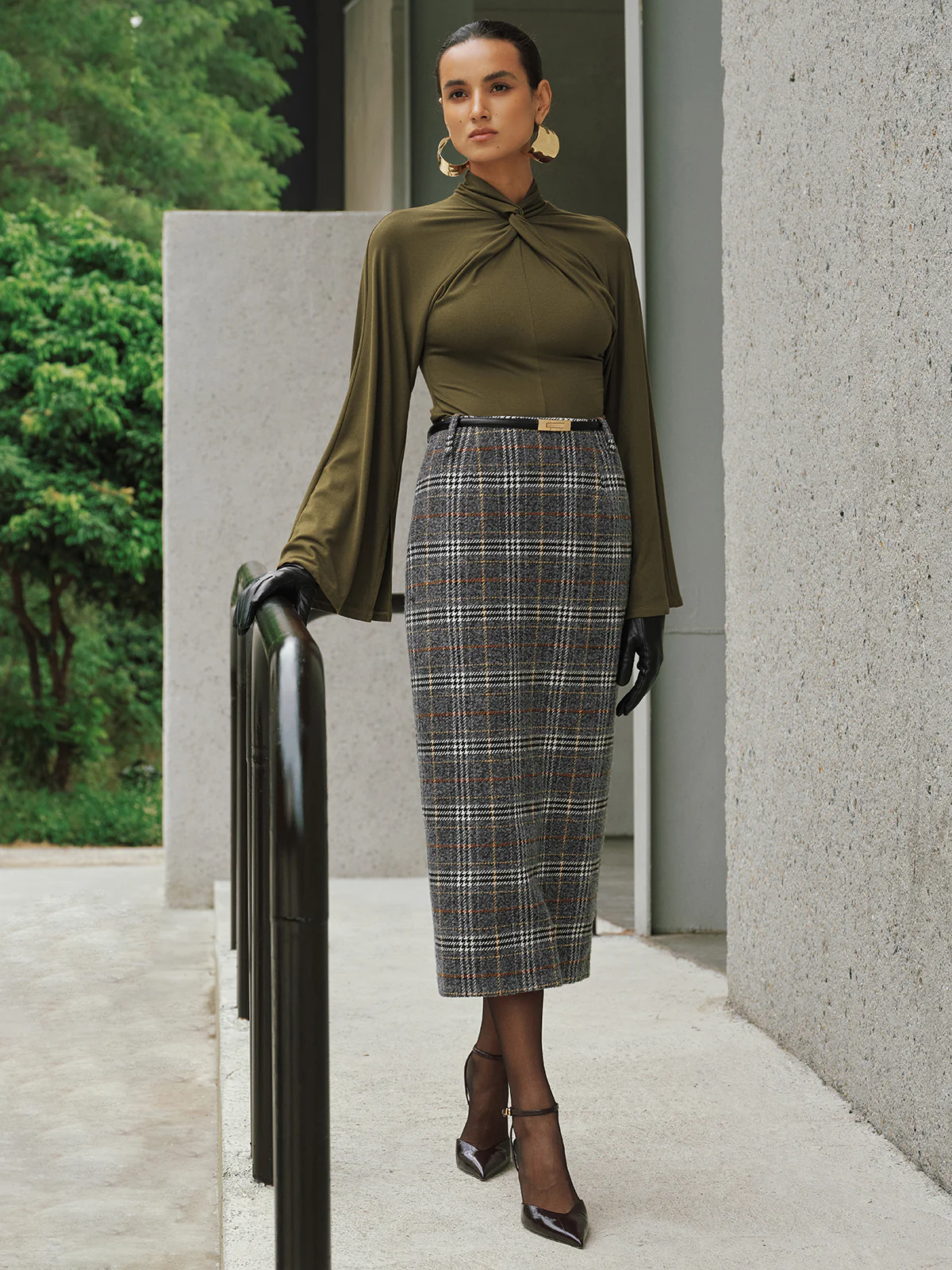 Belted Tweed Plaid Midi Skirt - Image 7