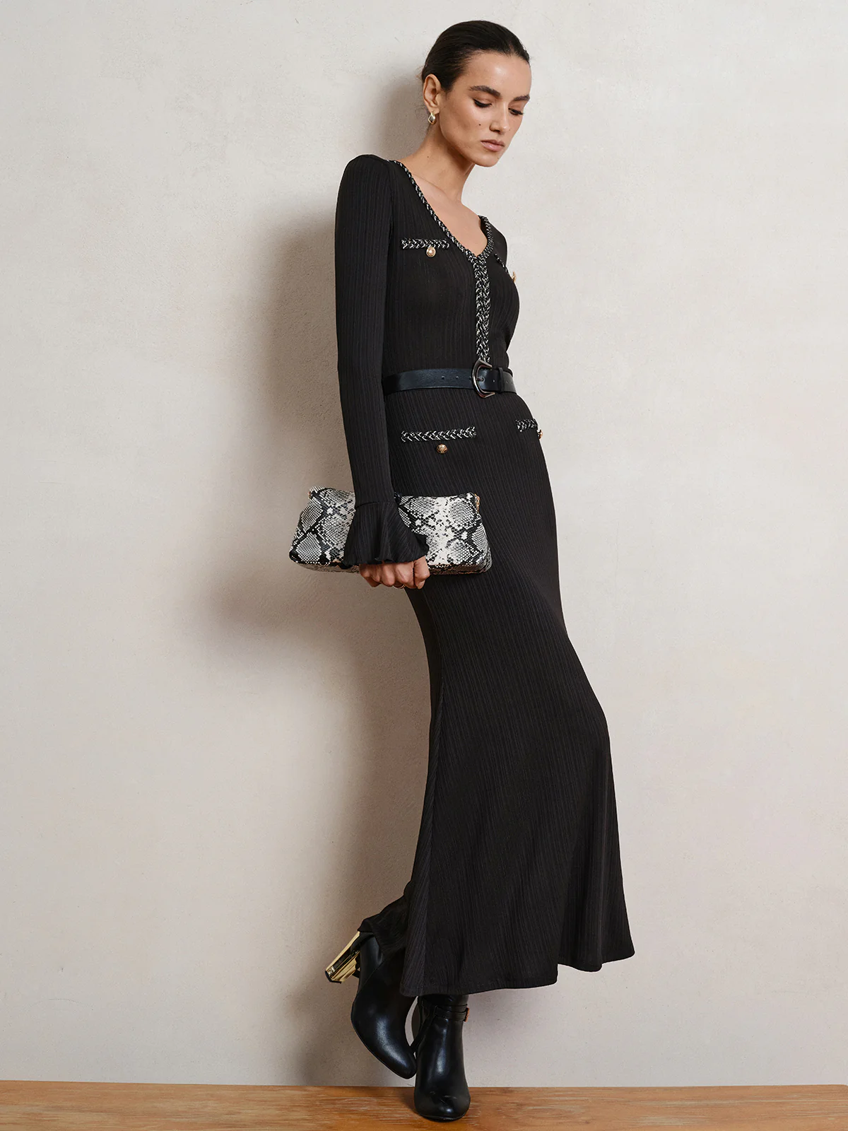 Belted V-Neck Flared Sleeve Maxi Dress - Image 5