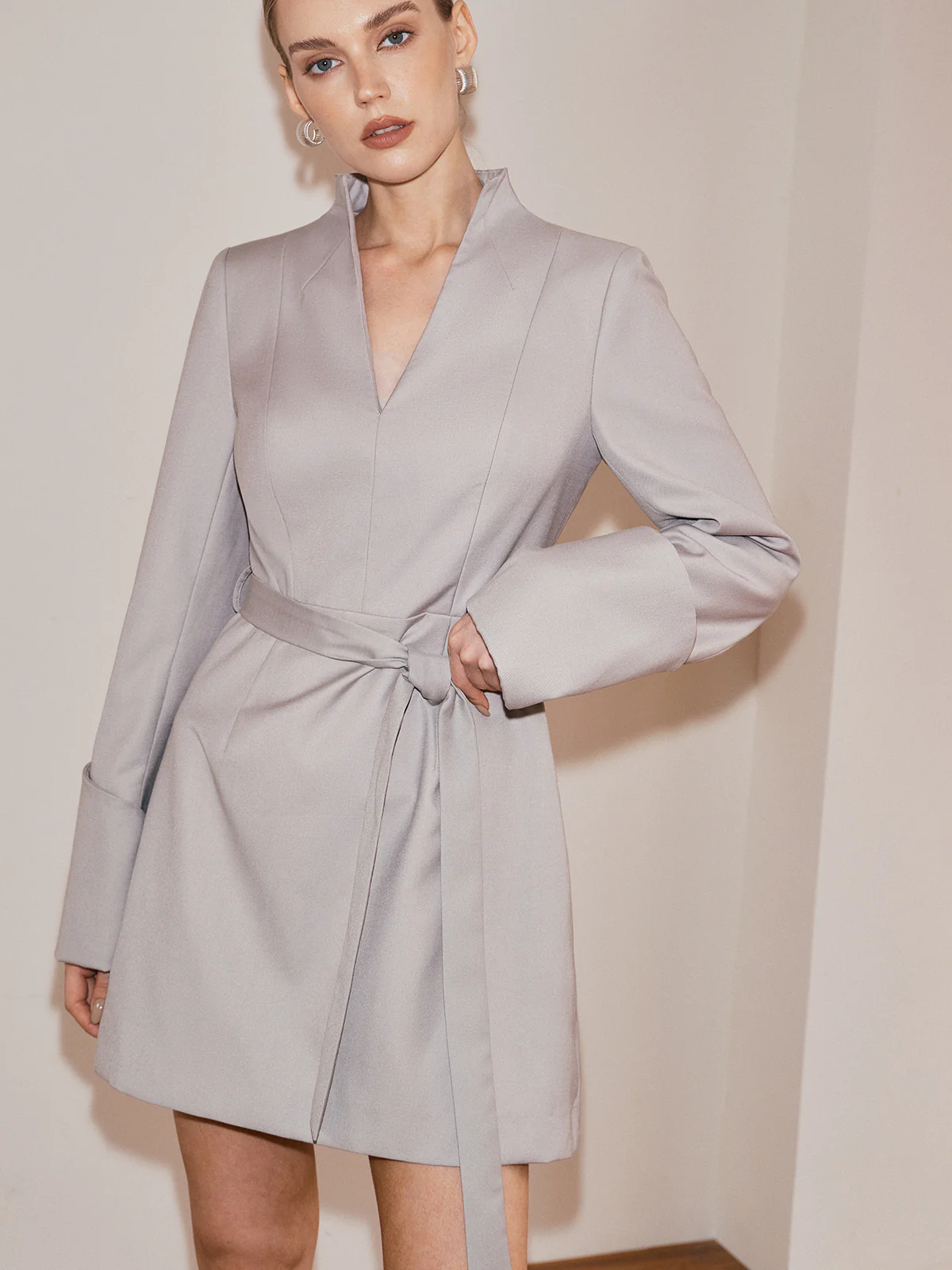 Belted V-Neck Long Sleeve Dress - Image 2