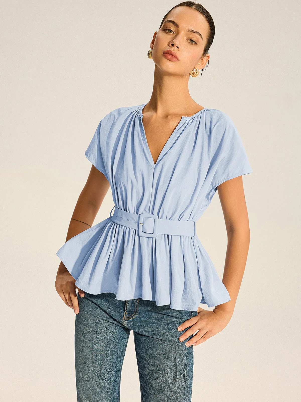 Belted V-Neck Pleated Peplum Top - Image 2