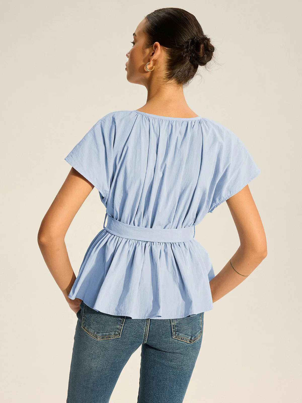 Belted V-Neck Pleated Peplum Top - Image 5