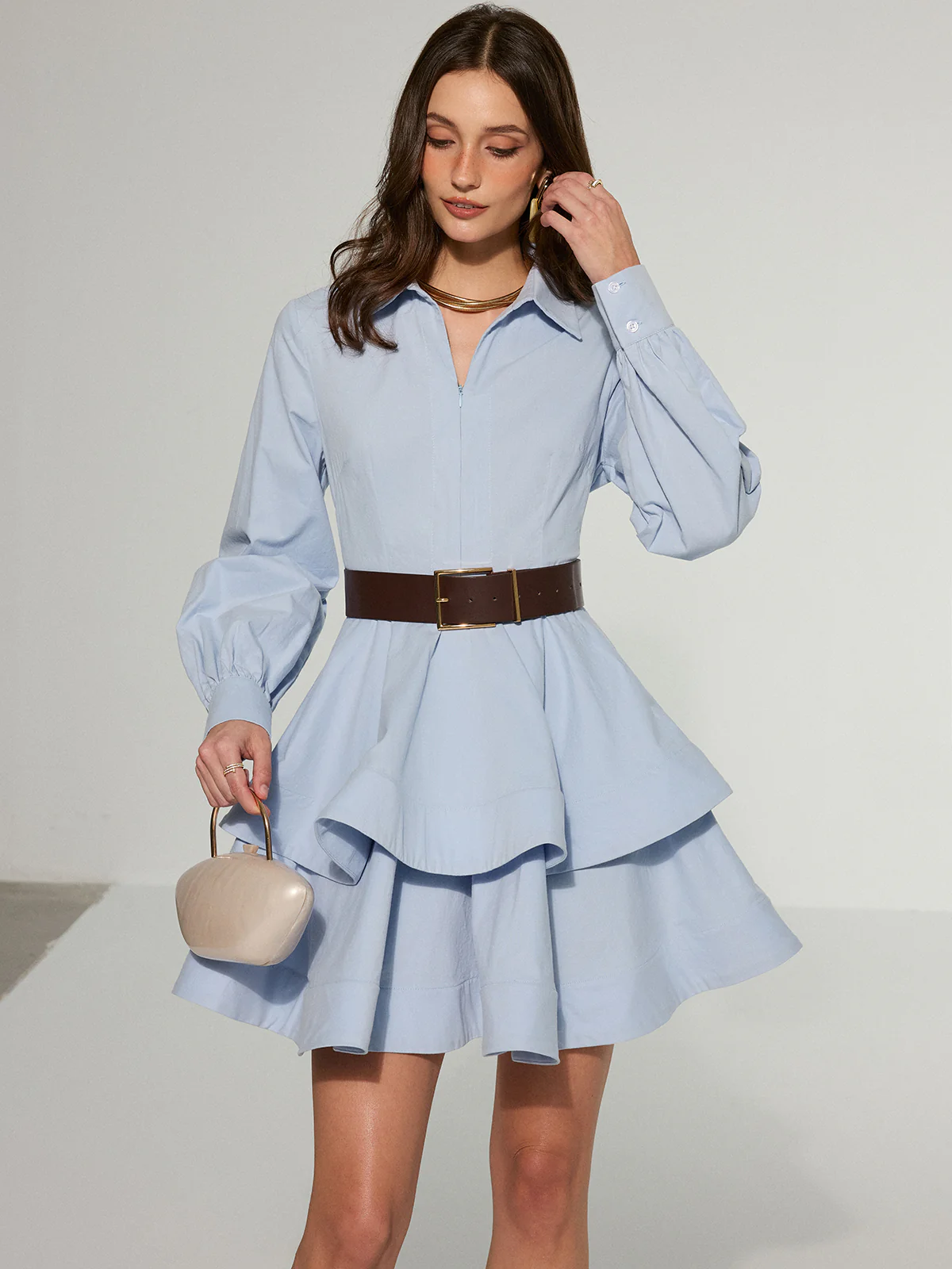 Belted Zip-Front Cotton Tiered Shirt Dress - Image 2