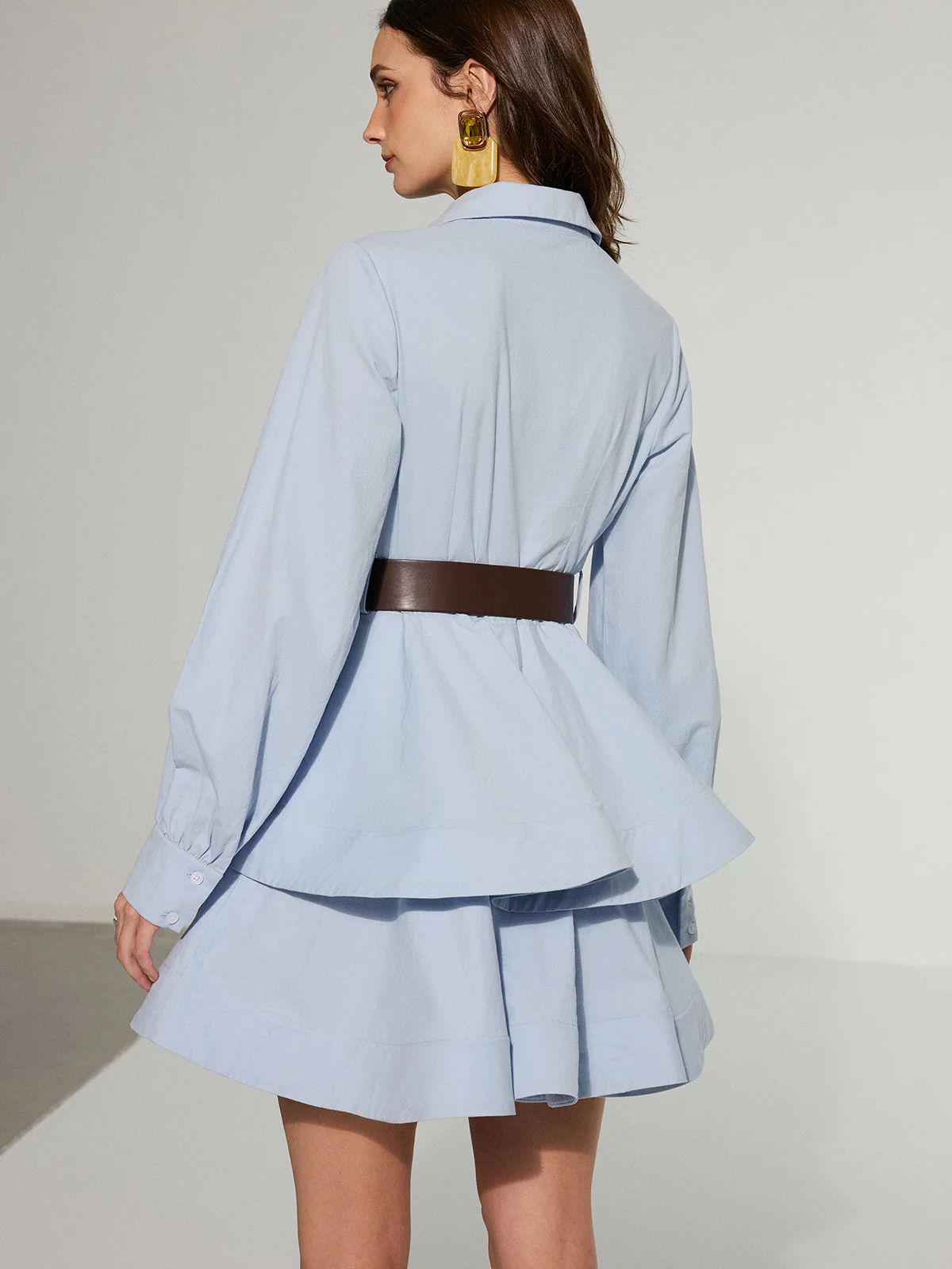 Belted Zip-Front Cotton Tiered Shirt Dress - Image 3