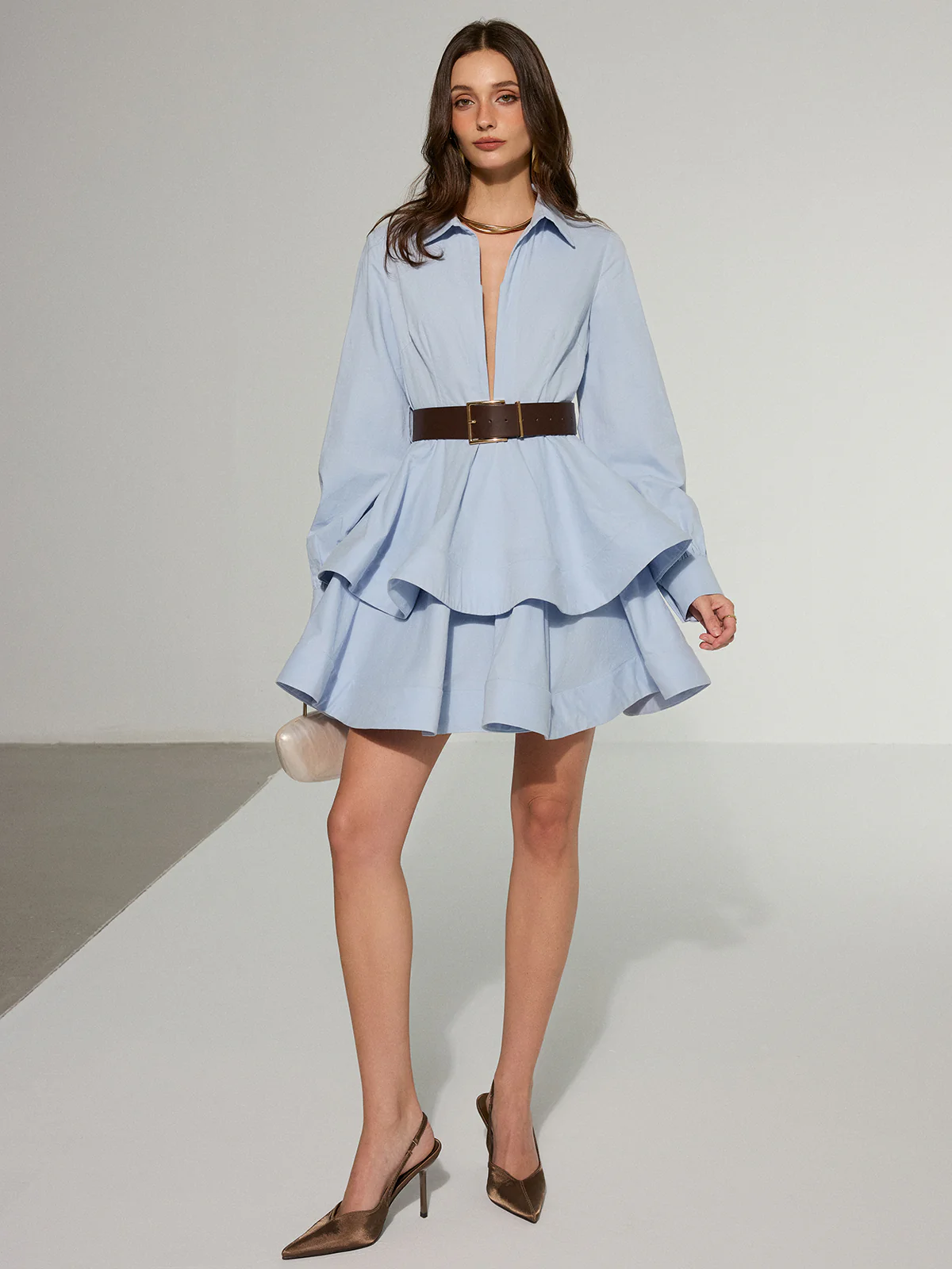 Belted Zip-Front Cotton Tiered Shirt Dress - Image 4