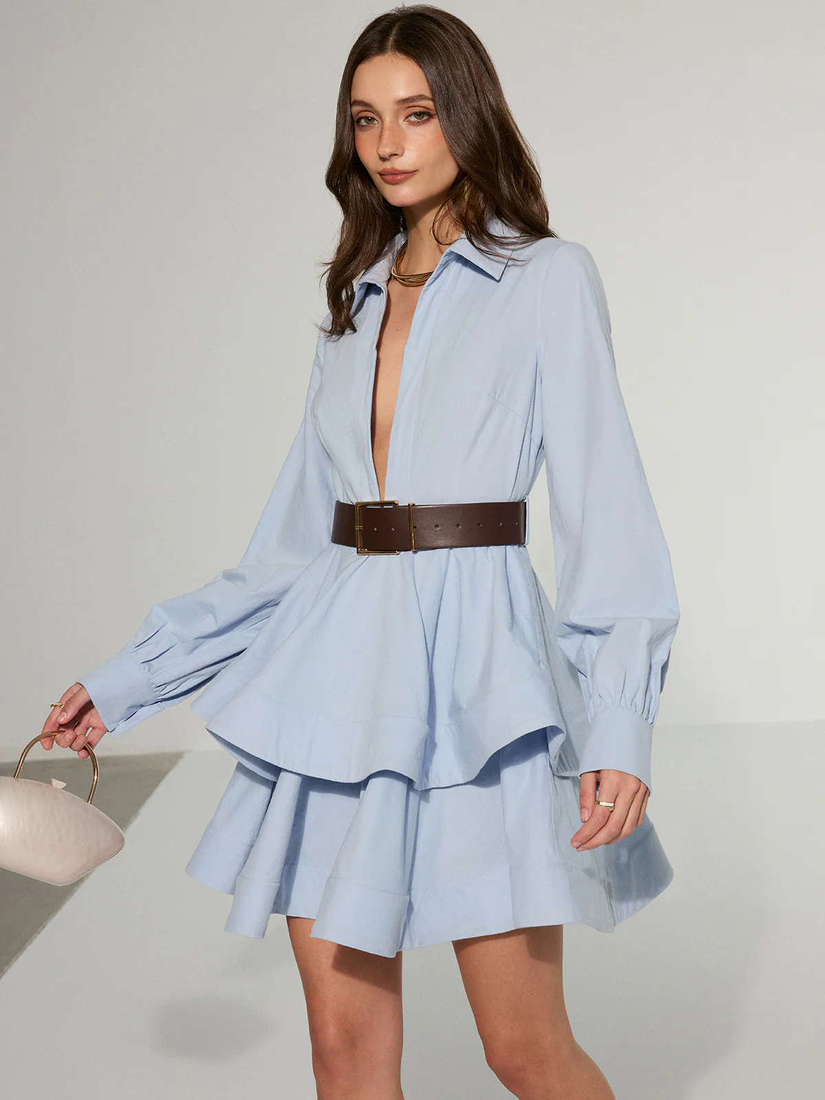 Belted Zip-Front Cotton Tiered Shirt Dress - Image 5