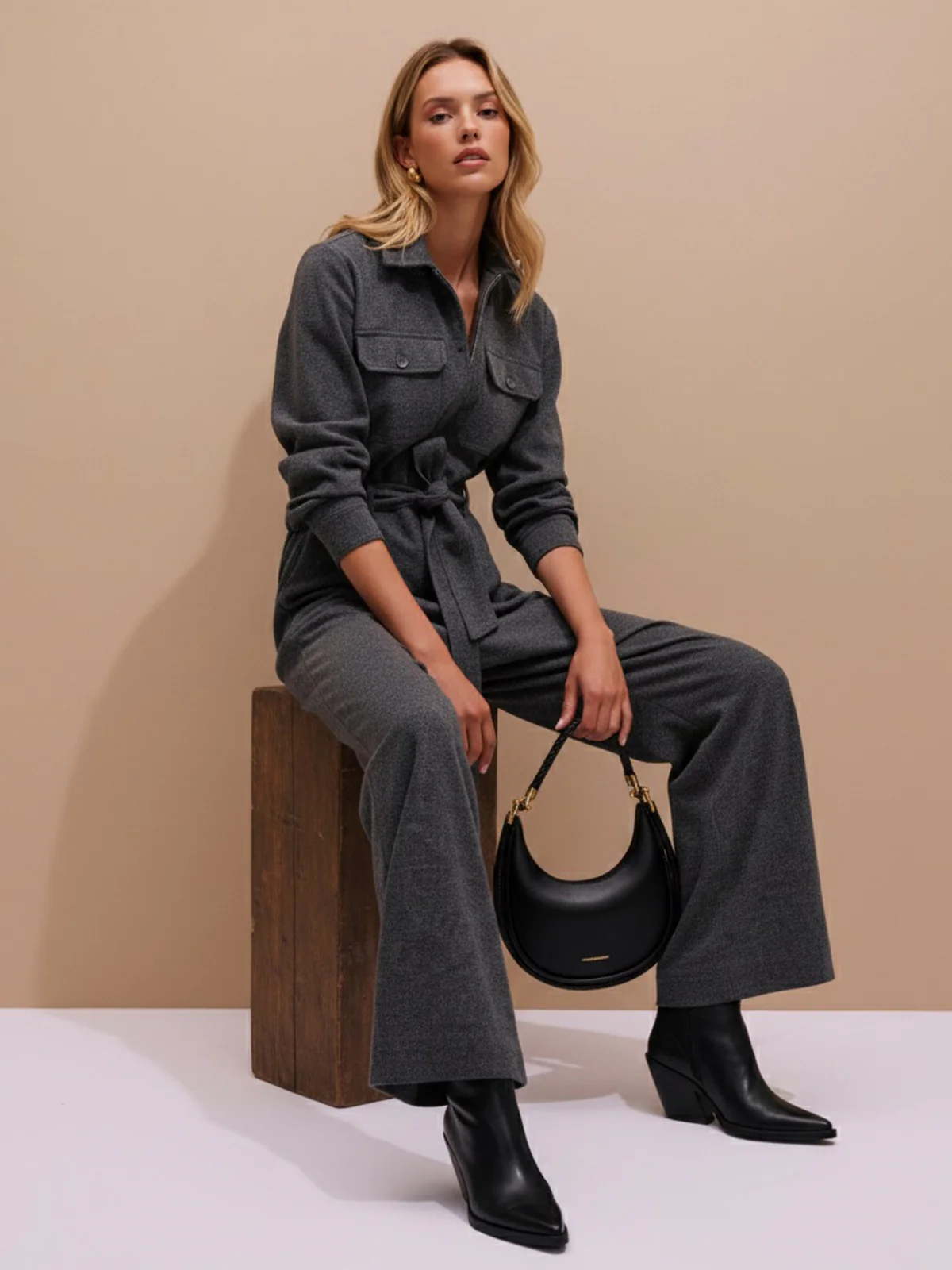 Belted Zip-Front Collared Wide-Leg Jumpsuit