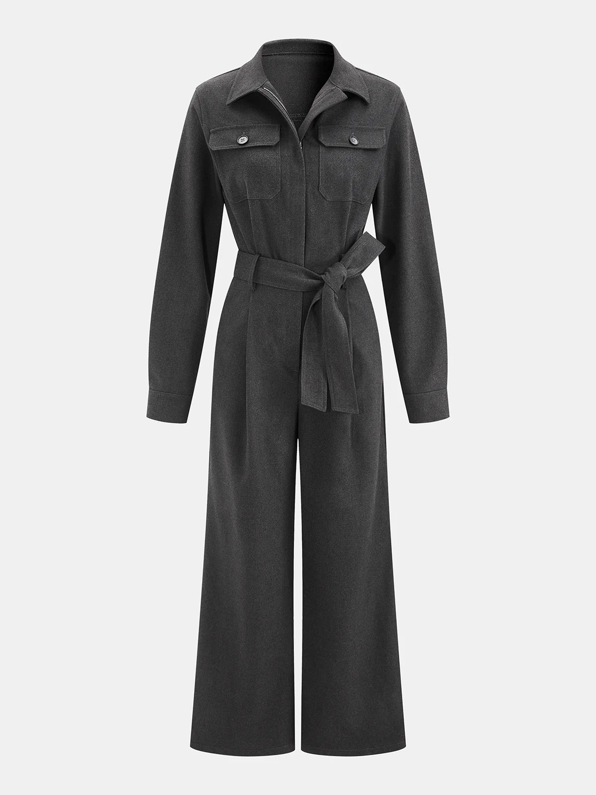 Belted Zip-Front Collared Wide-Leg Jumpsuit - Image 2