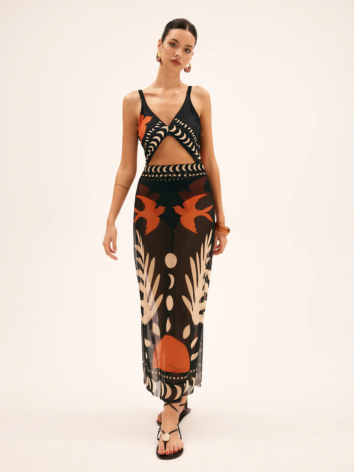 Bird Print Mesh Cover Up Maxi Skirt - Image 3