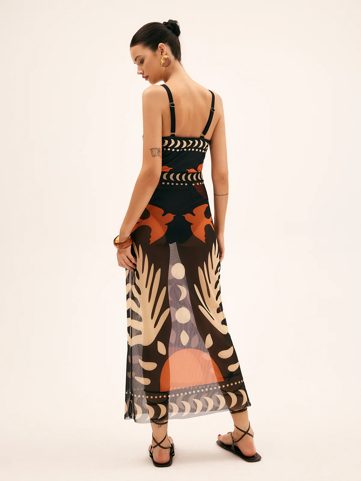 Bird Print Mesh Cover Up Maxi Skirt - Image 4