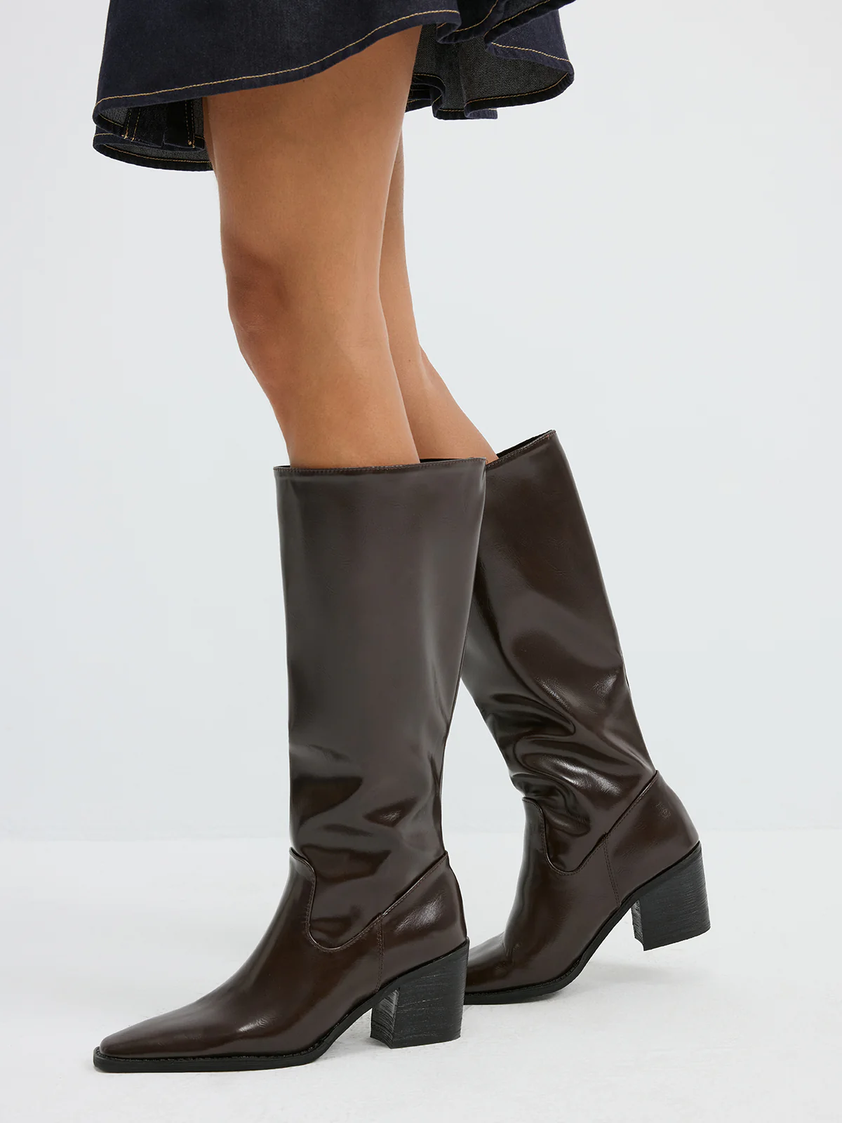 Block Heel PU Leather Knee-High Boots - Image 4