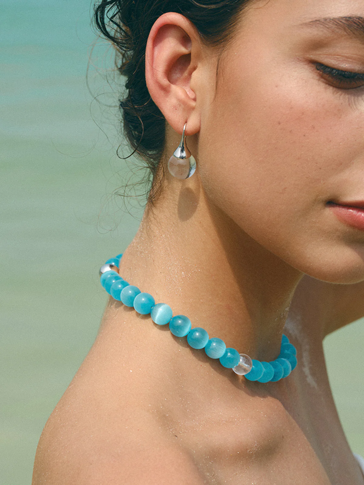 Blue Cat Eye Stone Beaded Necklace - Image 3