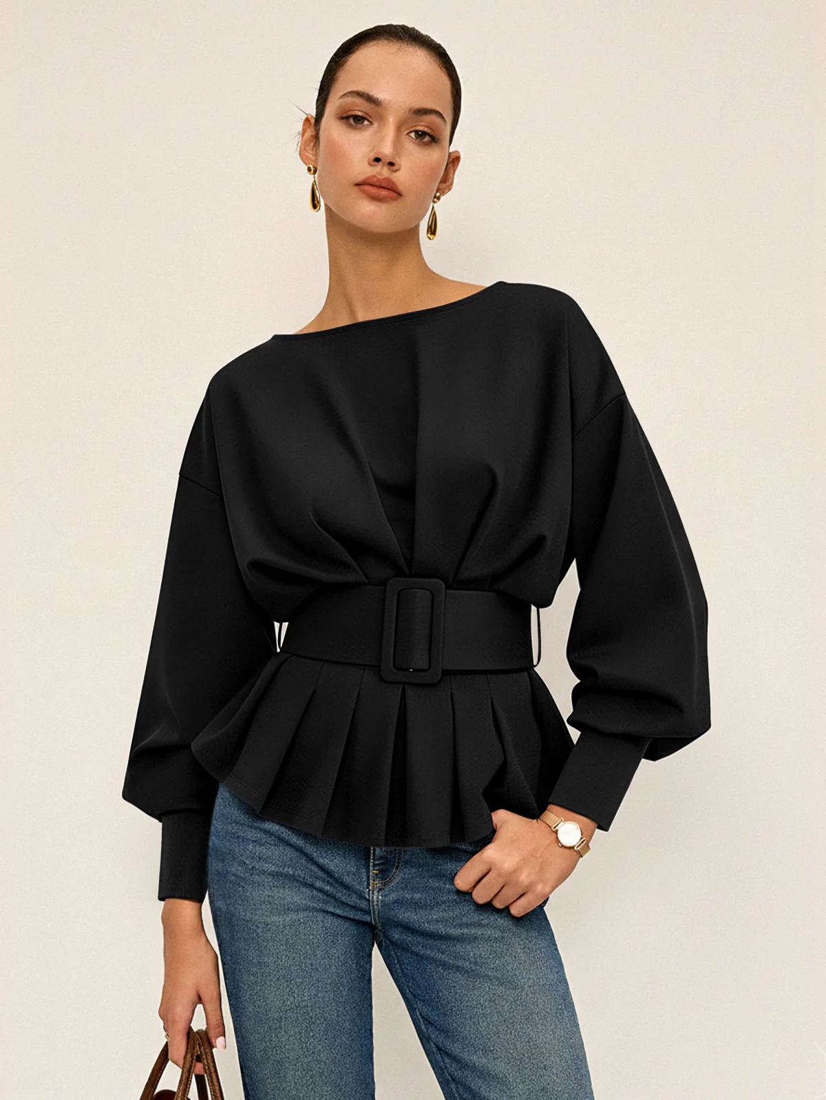 Boat Neck Peplum Sweatshirt with Wide Belt - Image 10