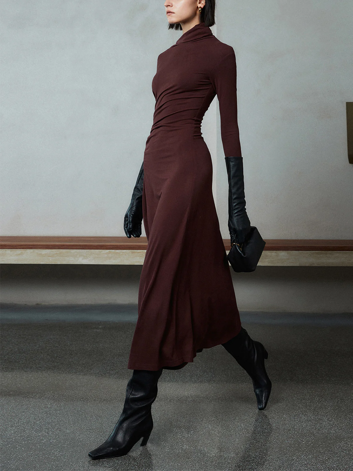 Bodycon Asymmetrical Neck Long Sleeve Ruched Maxi Dress - Image 2