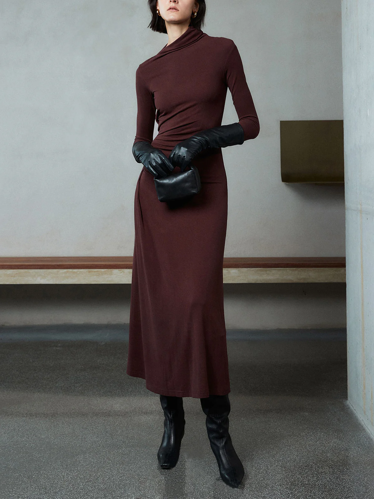 Bodycon Asymmetrical Neck Long Sleeve Ruched Maxi Dress - Image 4