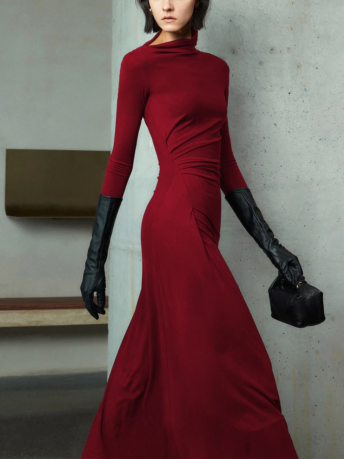 Bodycon Asymmetrical Neck Long Sleeve Ruched Maxi Dress - Image 7