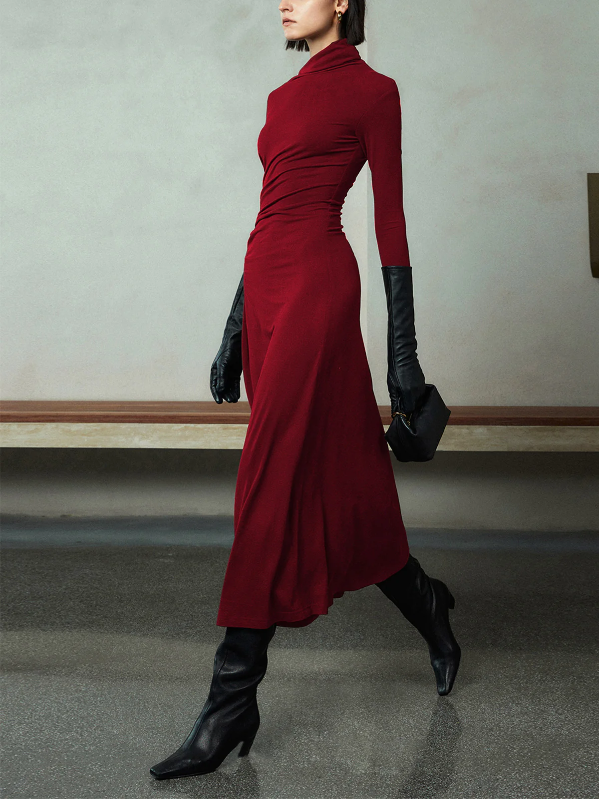 Bodycon Asymmetrical Neck Long Sleeve Ruched Maxi Dress - Image 8