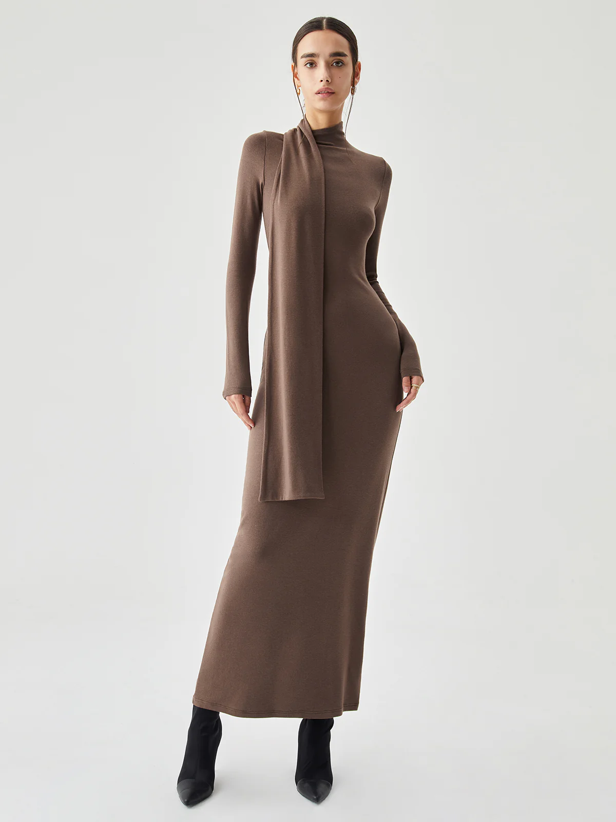Bodycon High Neck Ribbed Knit Long Dress with Matching Scarf - Image 2