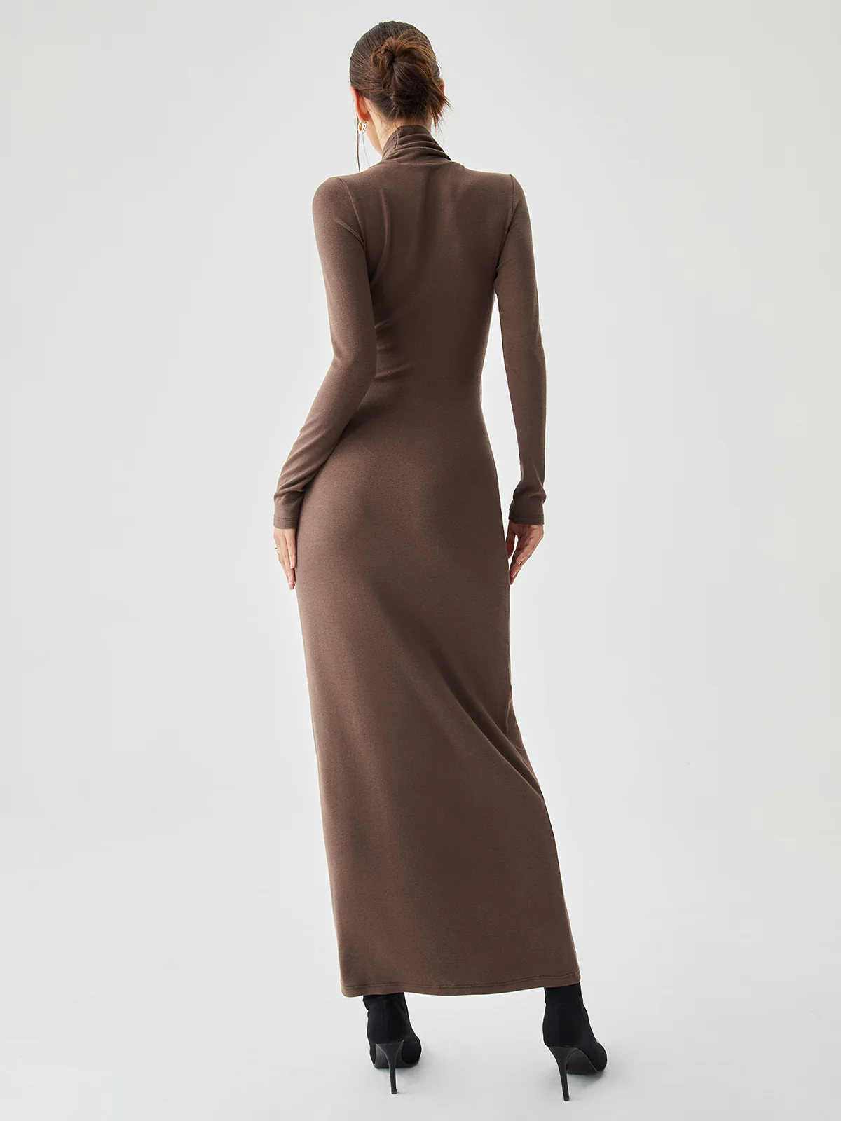 Bodycon High Neck Ribbed Knit Long Dress with Matching Scarf - Image 4