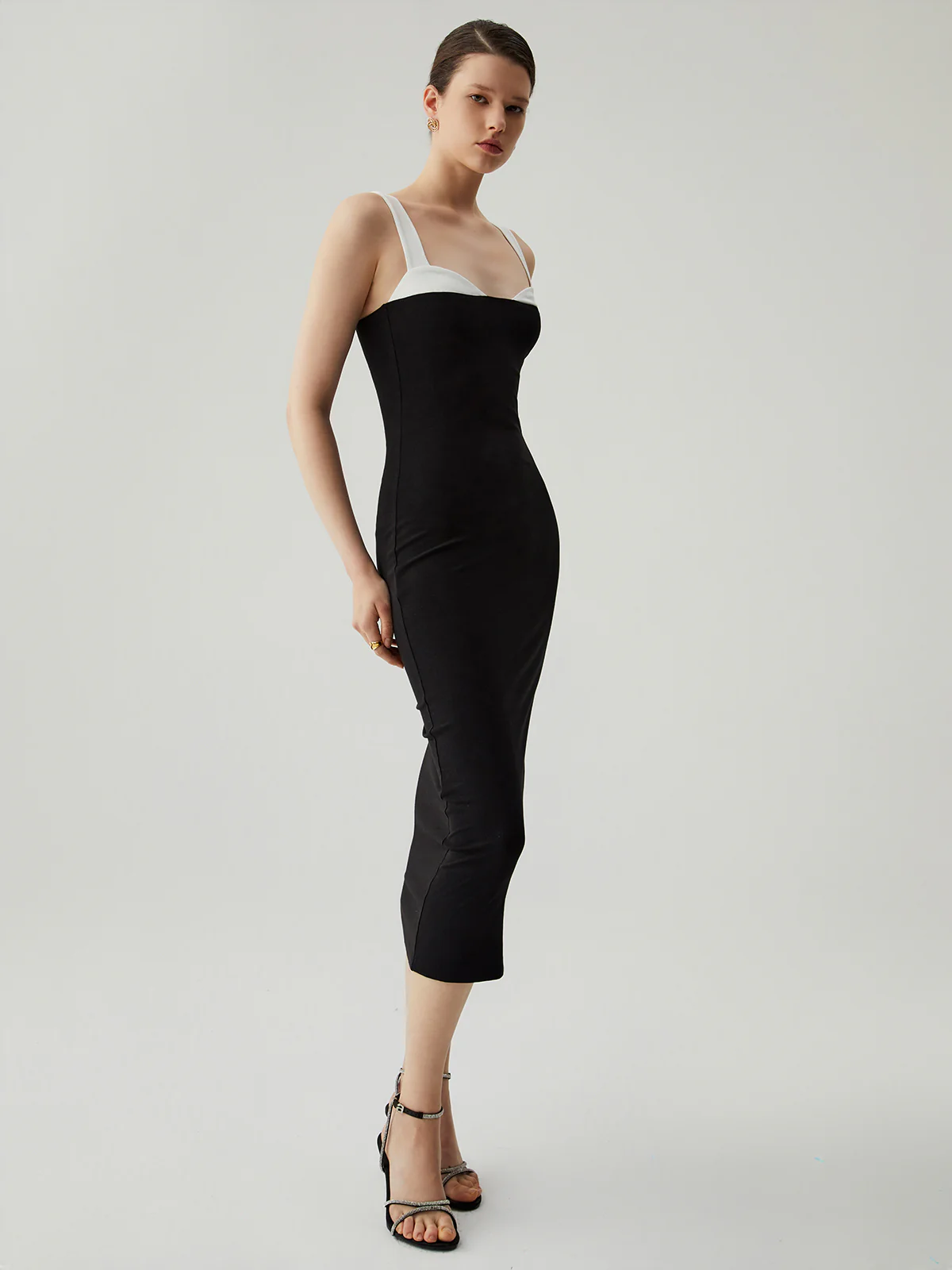 Bodycon Patchwork Sweetheart Collar Cami Midi Dress - Image 3