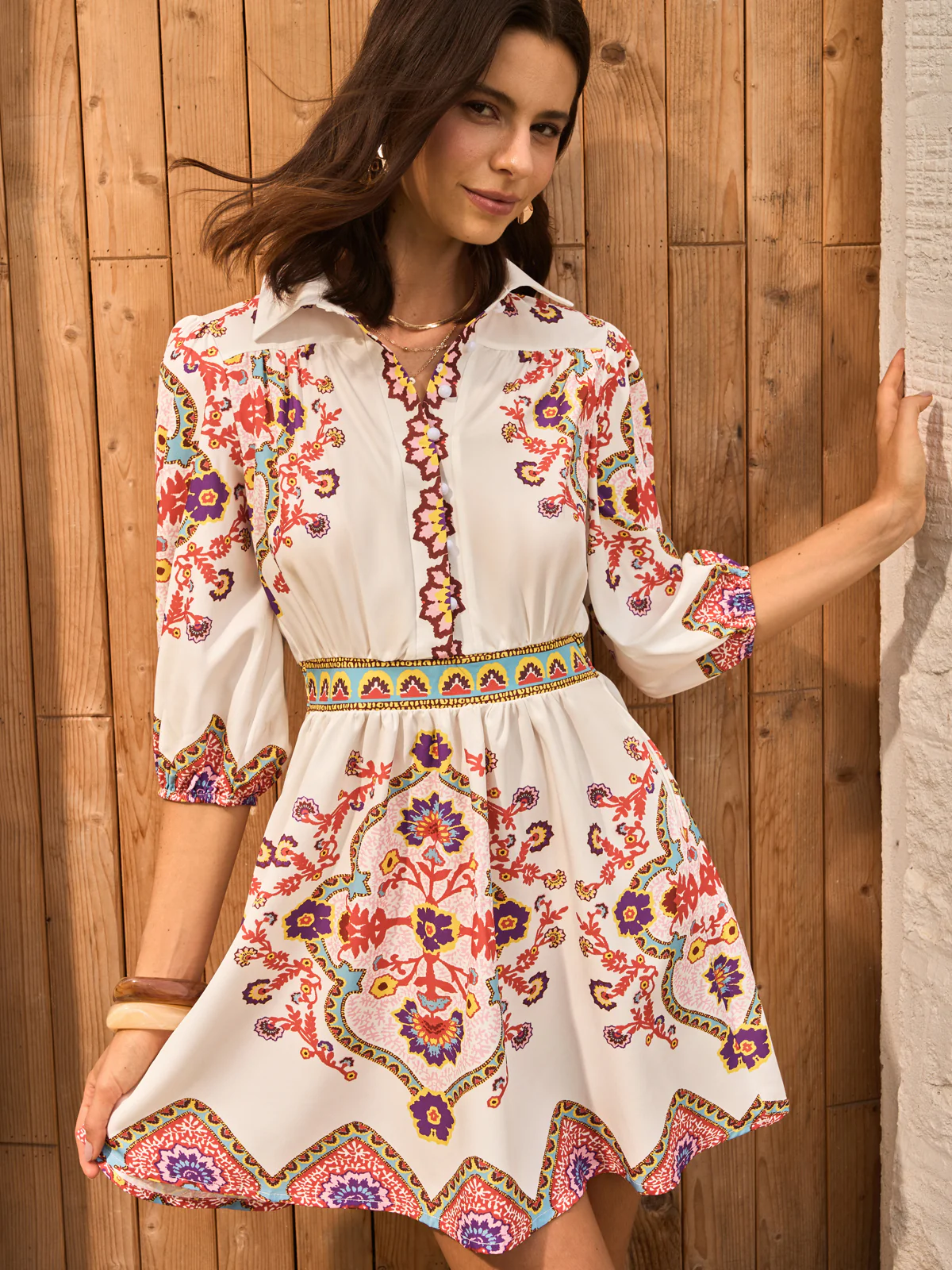 Boho Floral Print Collared Dress - Image 4