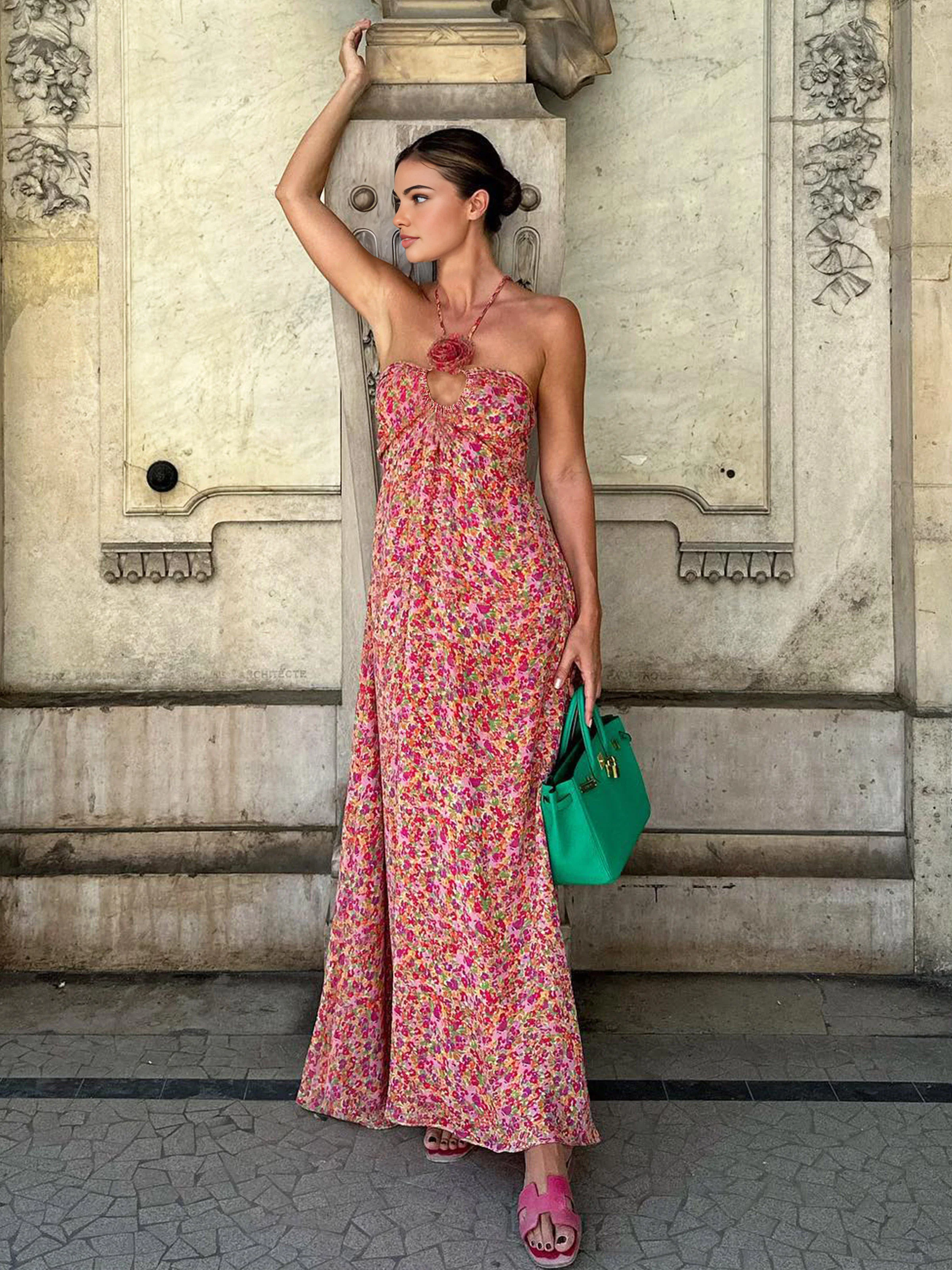 Boho Floral Print Rosette Decor Halter Long Dress - Image 2