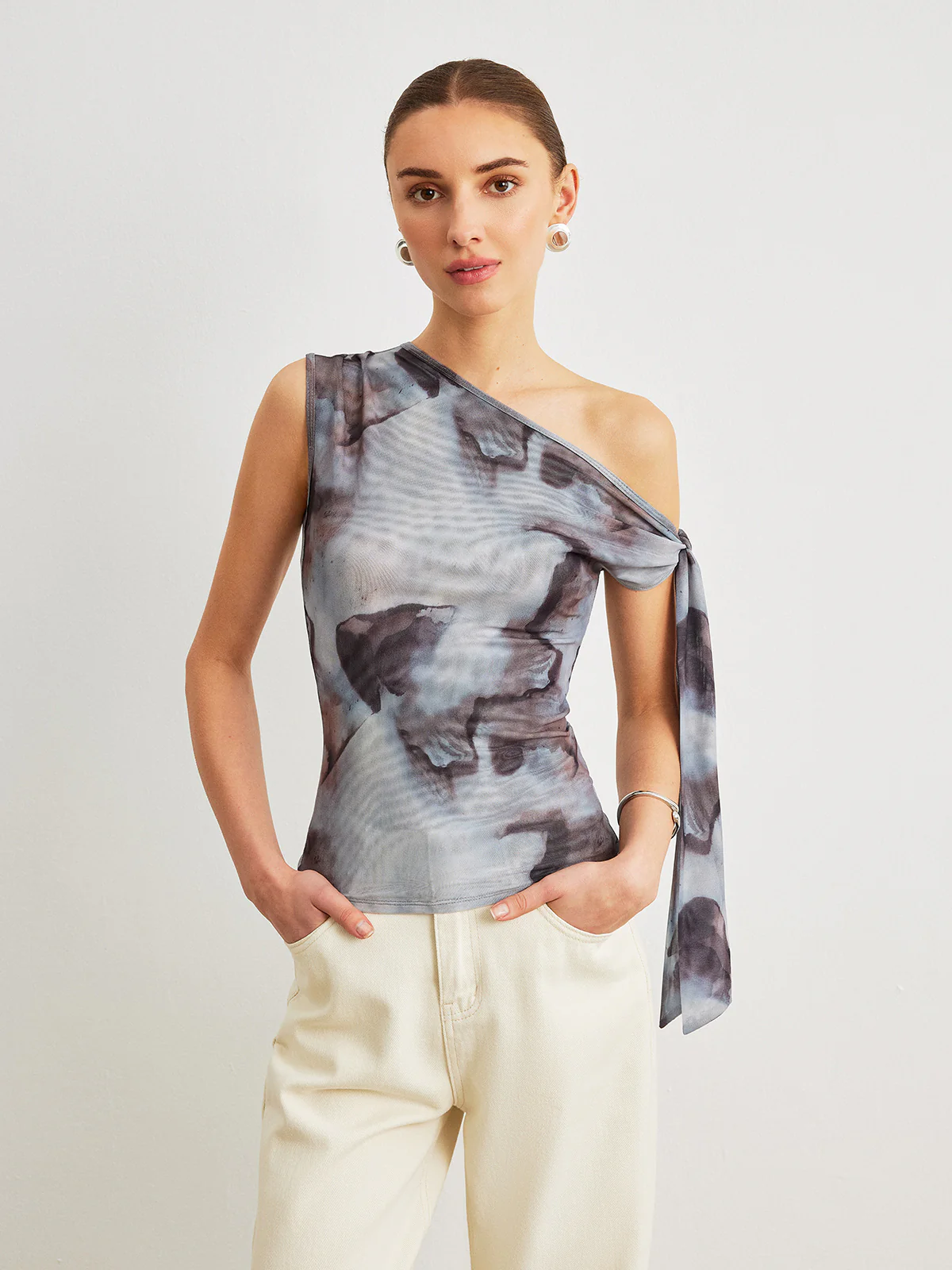 Boho Print Asymmetrical Neck Mesh Draped Blouse - Image 2