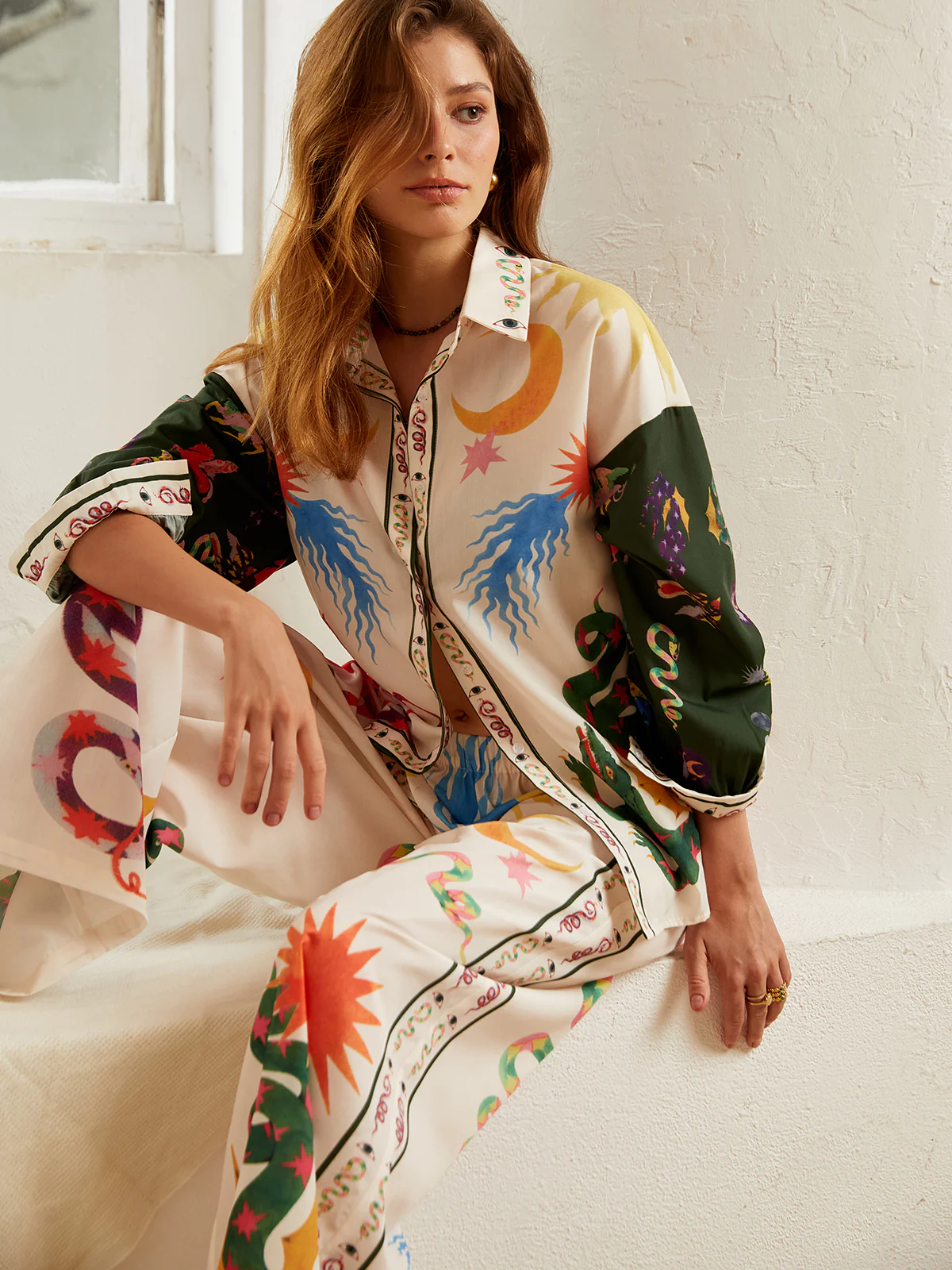 Boho Print Loose Shirt With Wide Leg Pants Set - Image 2