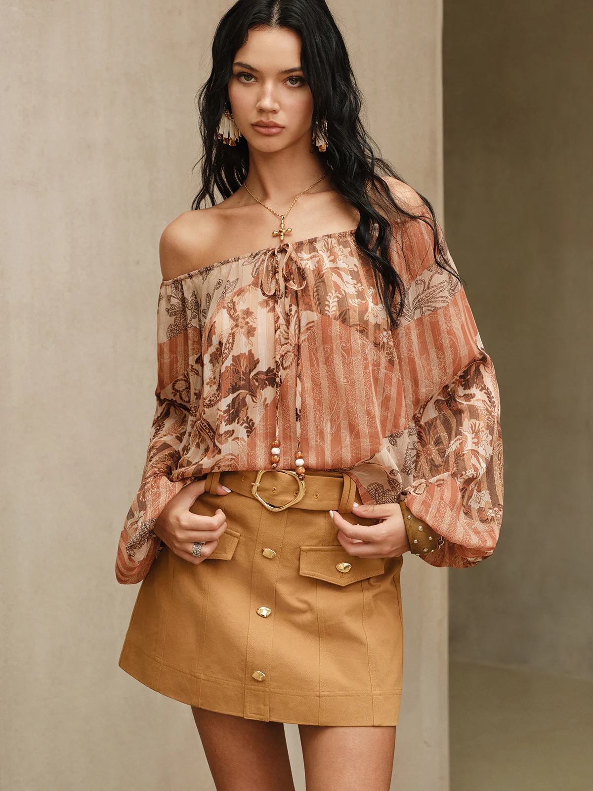 Boho Print Semi-Sheer Chiffon Tie-Front Blouse