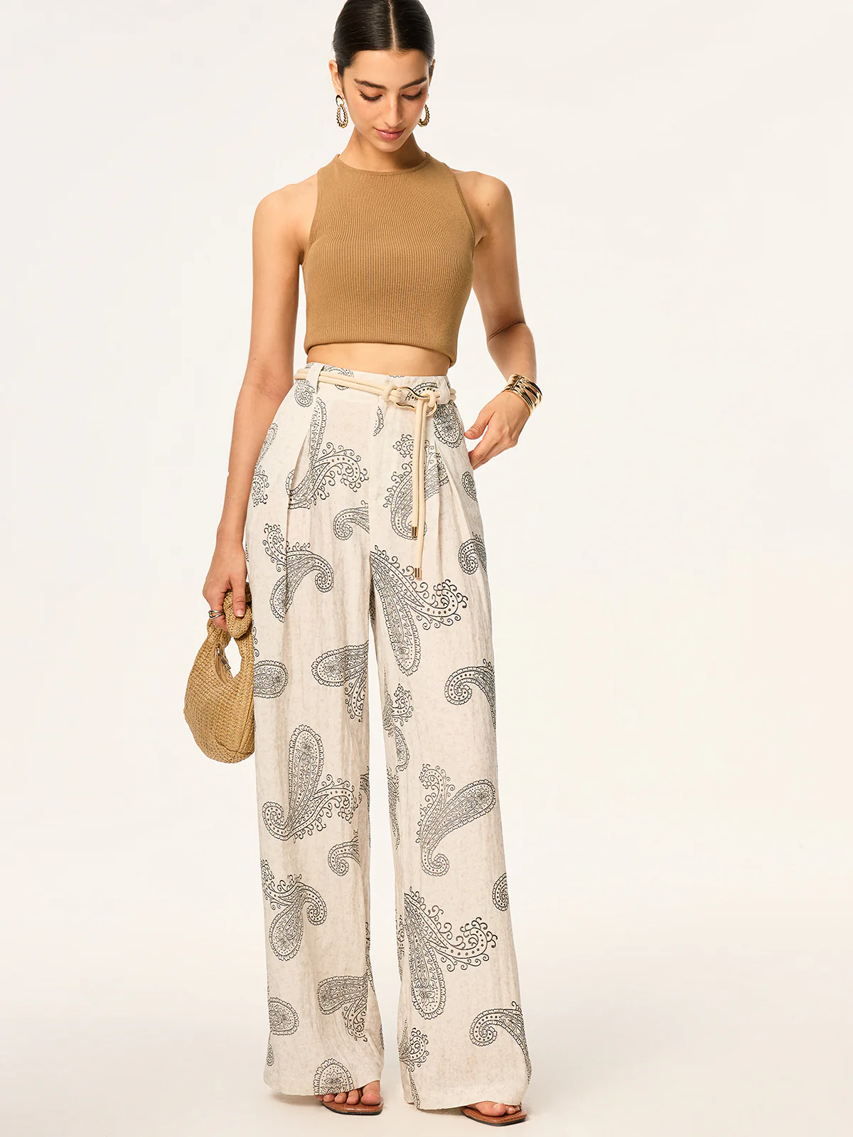 Boho Print Wide-Leg Pants without Belt