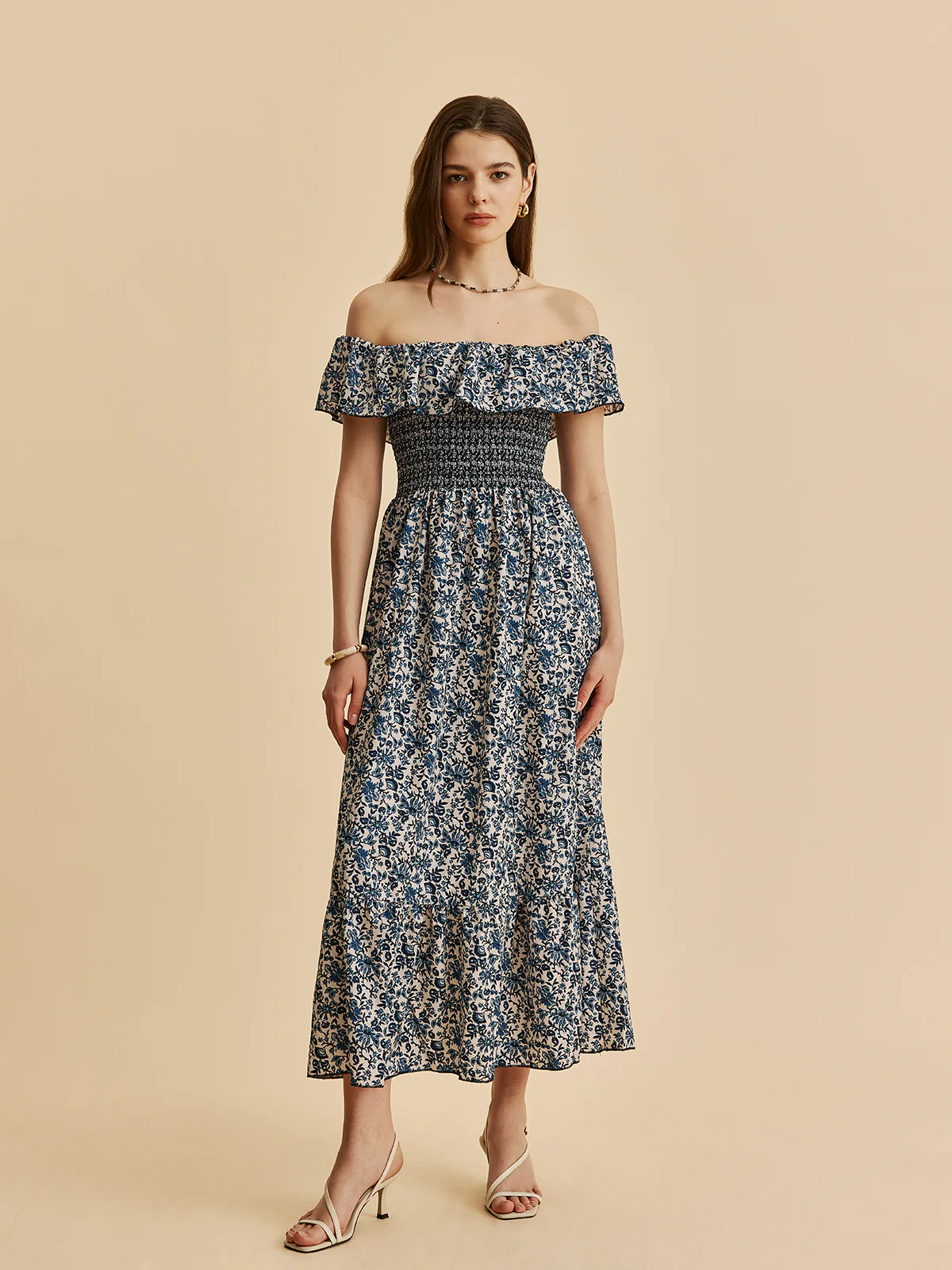 Boho Smocked Off-Shoulder Ruffle Floral Dress - Image 3