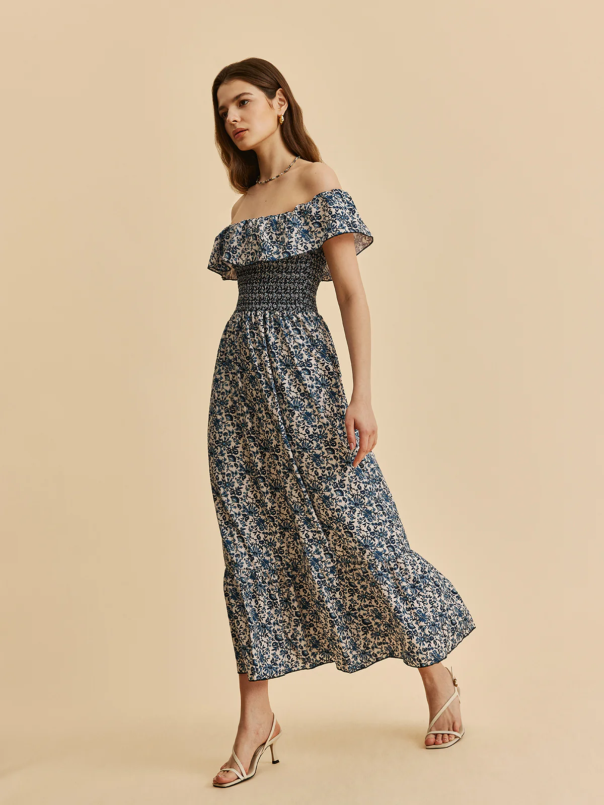 Boho Smocked Off-Shoulder Ruffle Floral Dress - Image 4