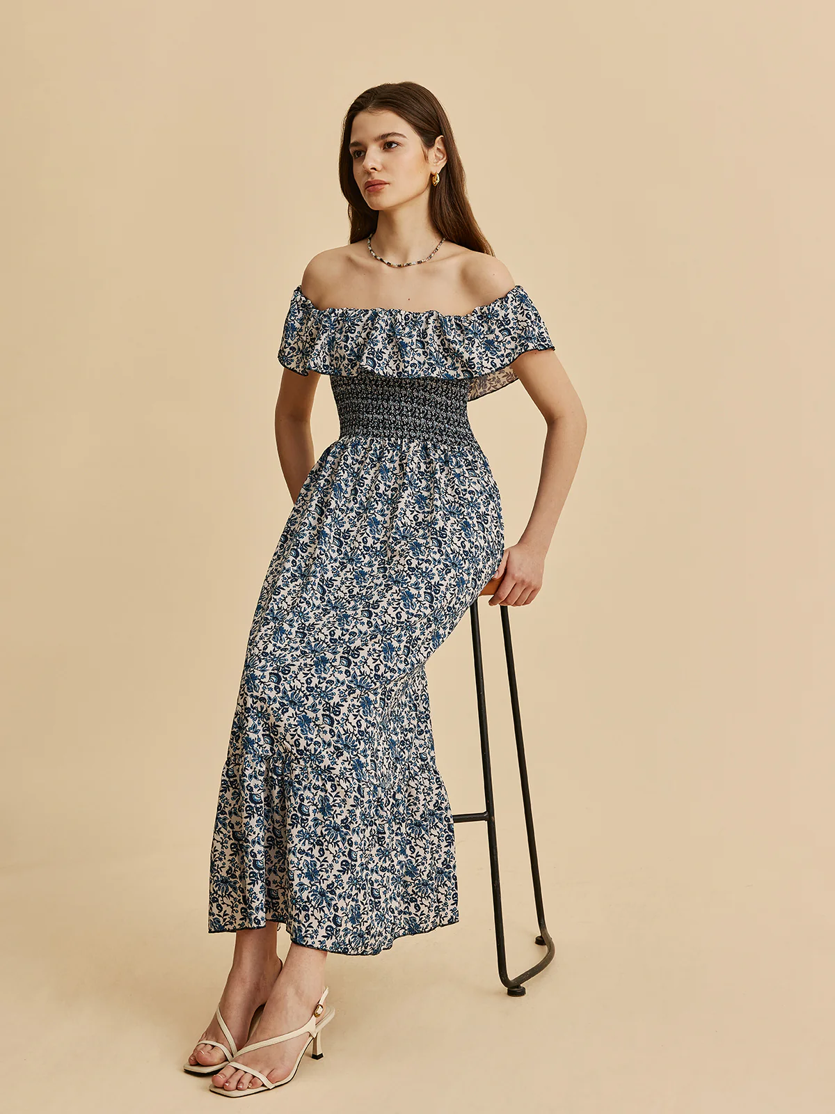 Boho Smocked Off-Shoulder Ruffle Floral Dress - Image 5