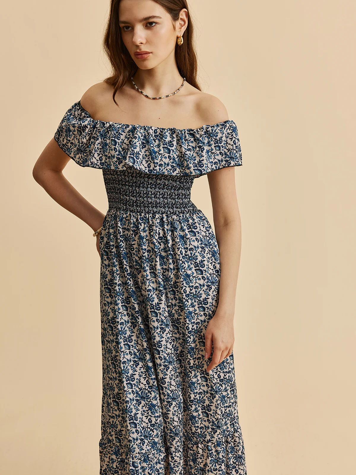 Boho Smocked Off-Shoulder Ruffle Floral Dress - Image 6