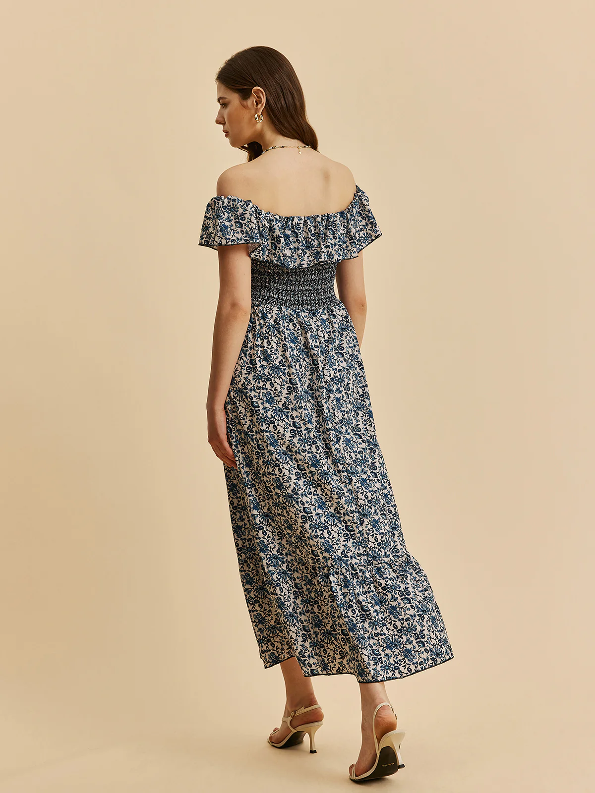 Boho Smocked Off-Shoulder Ruffle Floral Dress - Image 8