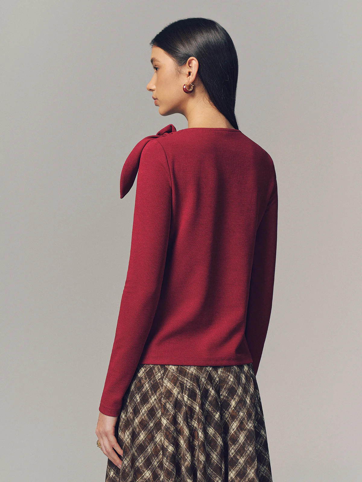 Bow Accent Asymmetric Button Detail Top - Image 6
