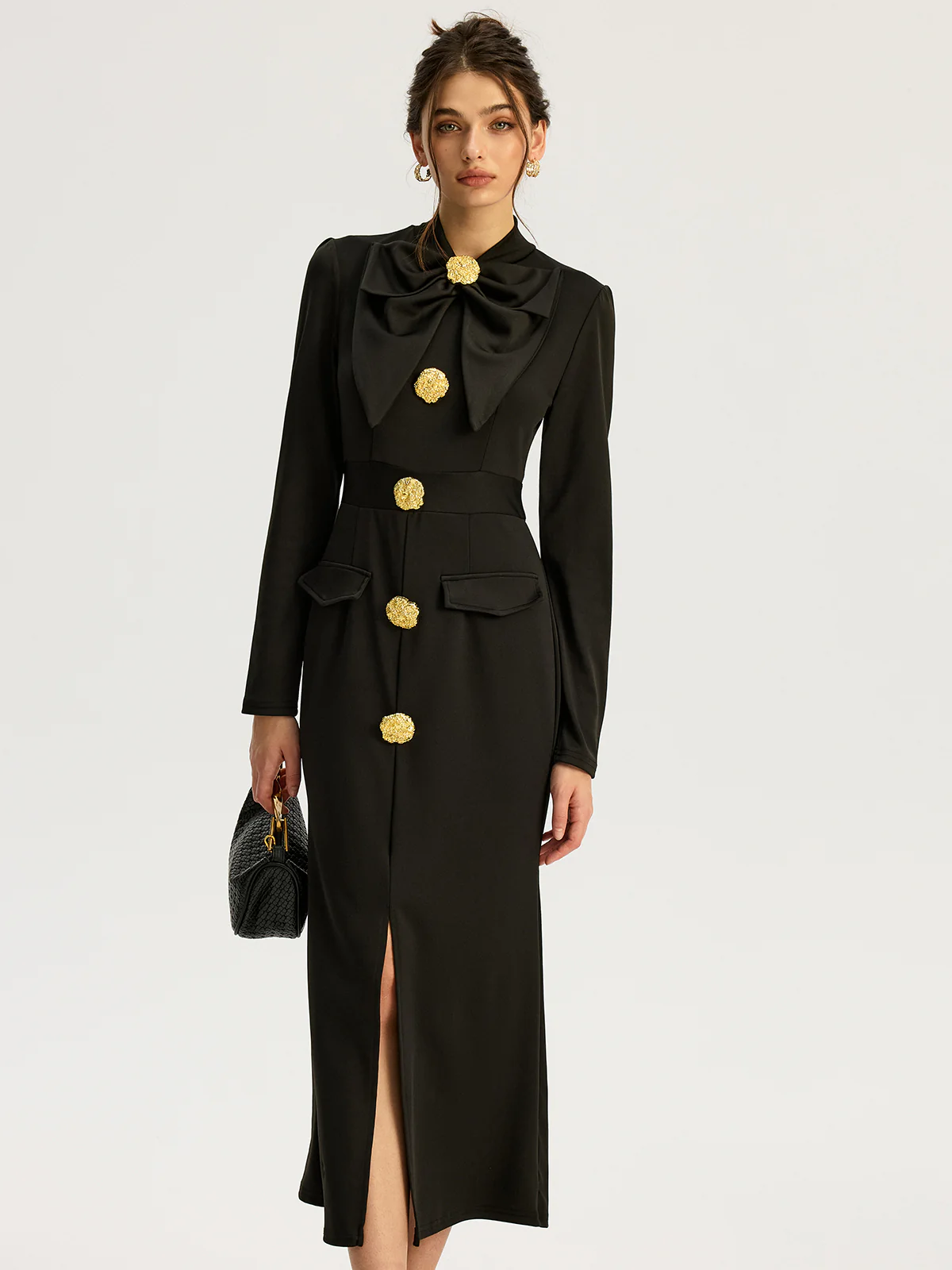 Bow-collar Long-Sleeved Dress with Metal Button - Image 4