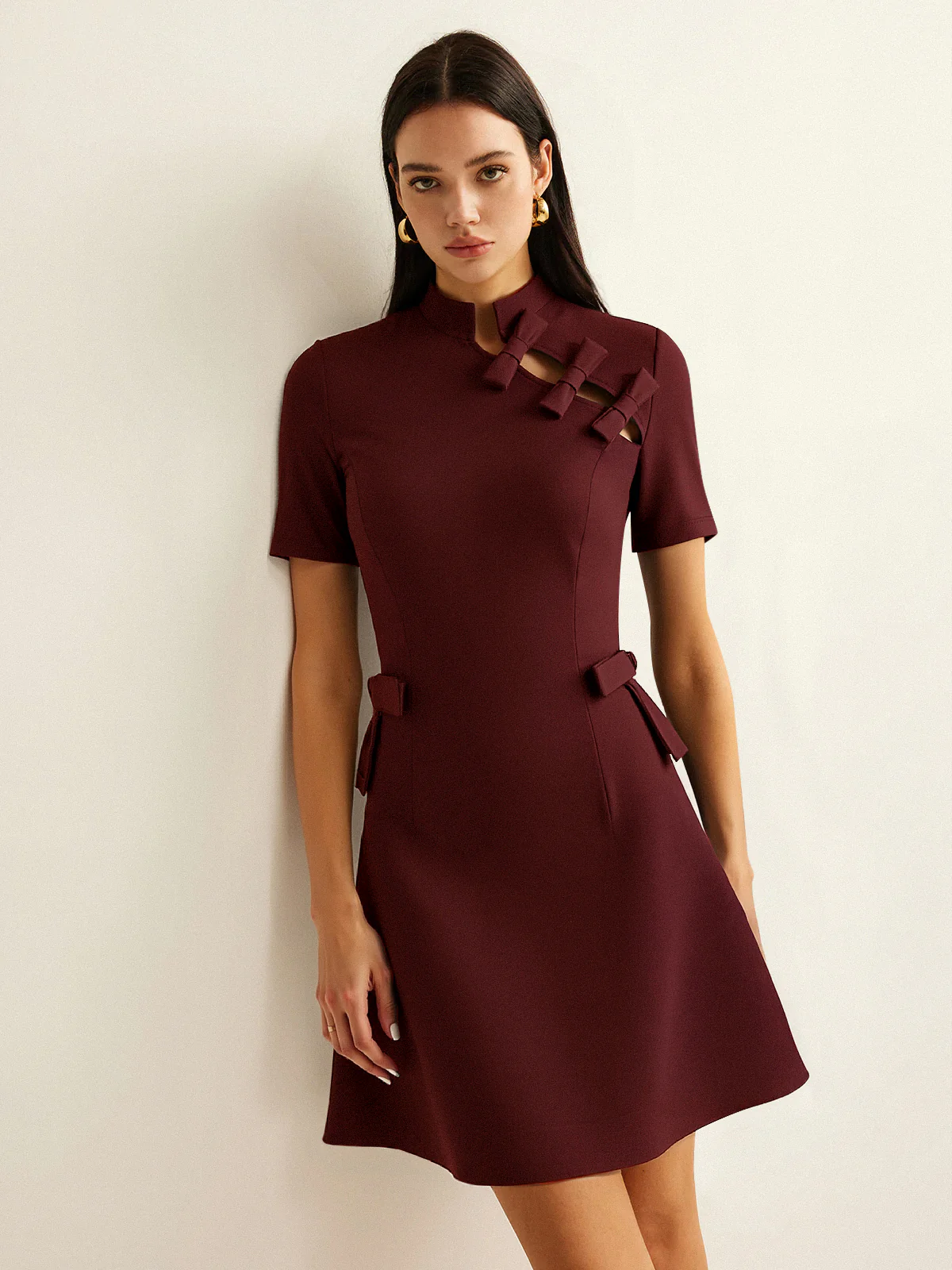 Bow Cut-Out Stand Collar Short Sleeve Dress - Image 6