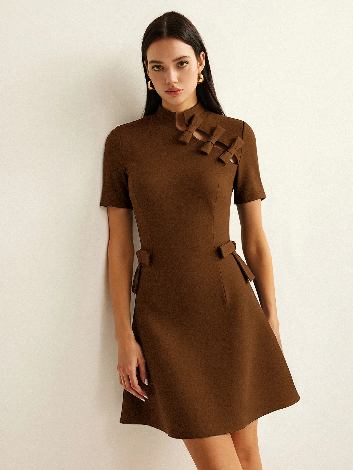 Bow Cut-Out Stand Collar Short Sleeve Dress - Image 8