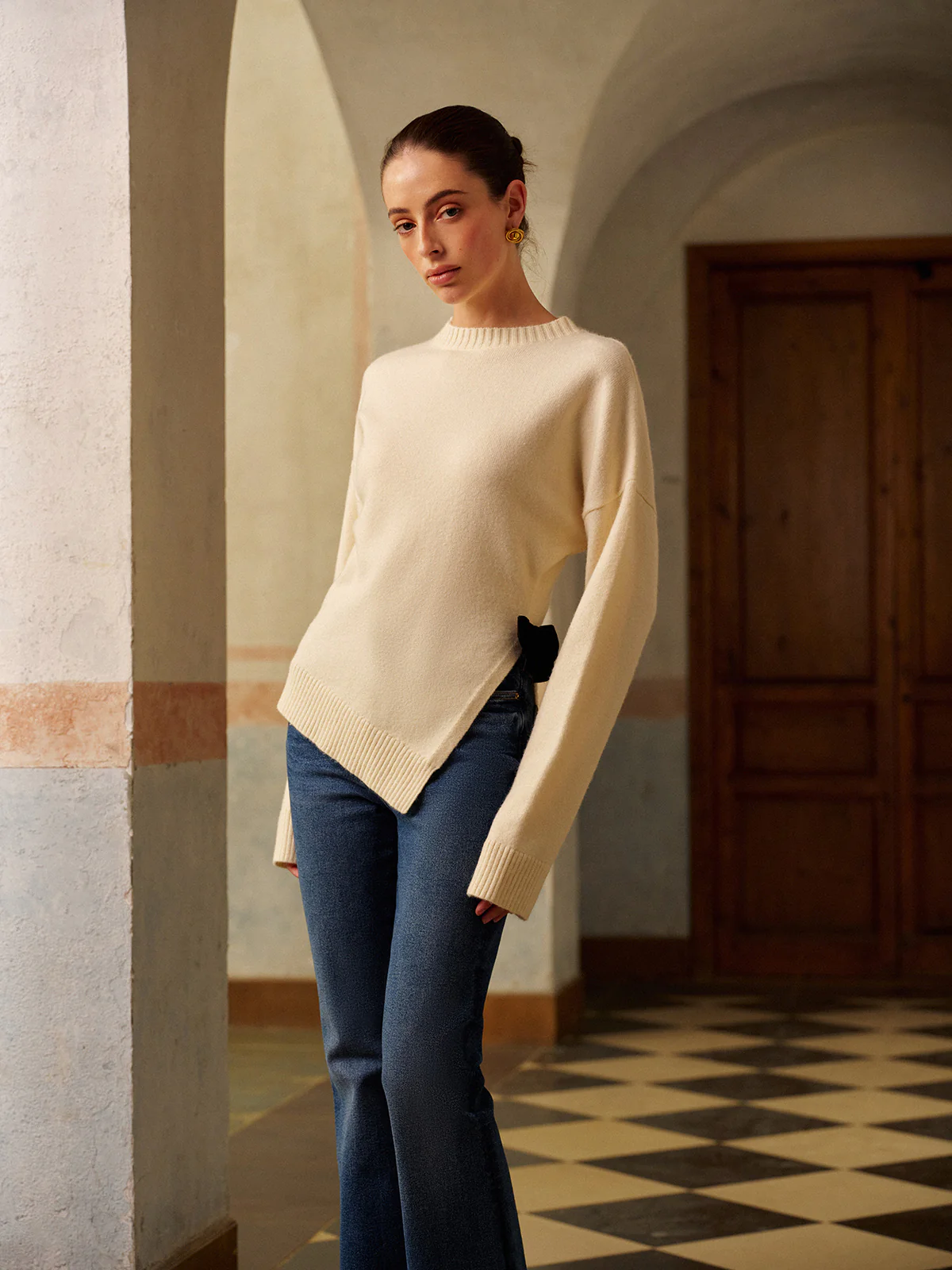 Bow-Decor High Stretch Slit Sweater - Image 3