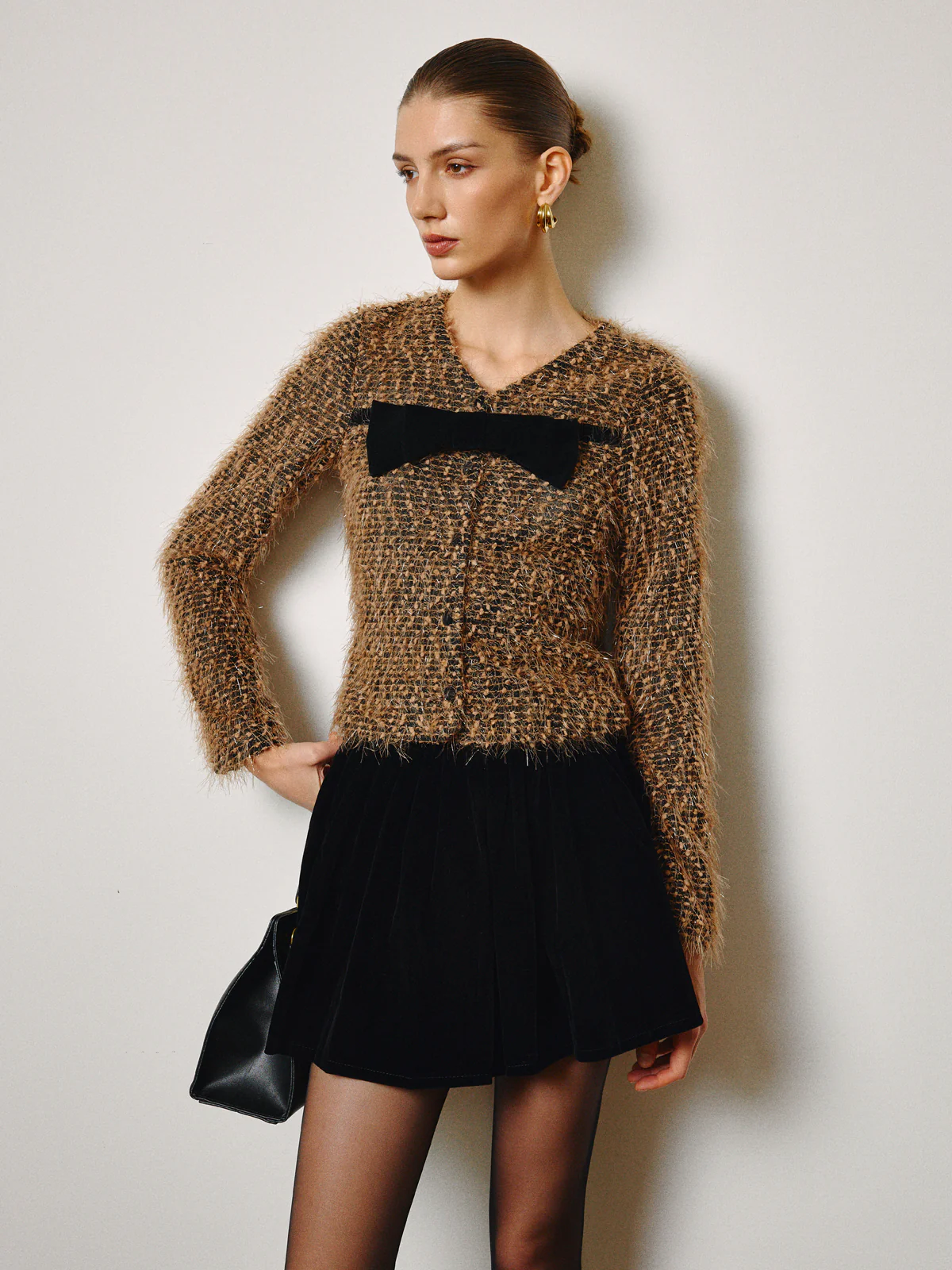 Bow Decor Purl Short Blouse - Image 4
