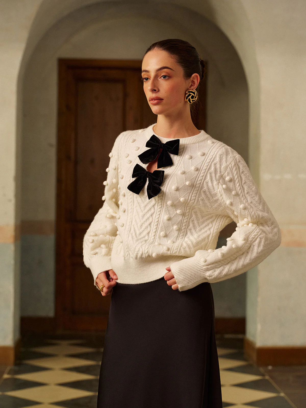 Bow Front Knit Ball-Decor Sweater - Image 5