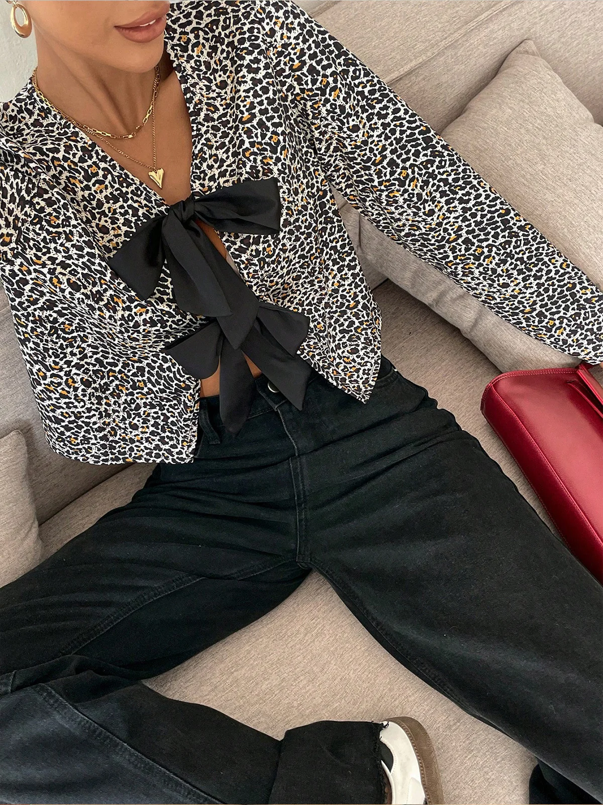 Bow Front Leopard Printed Jersey Blouse - Image 5