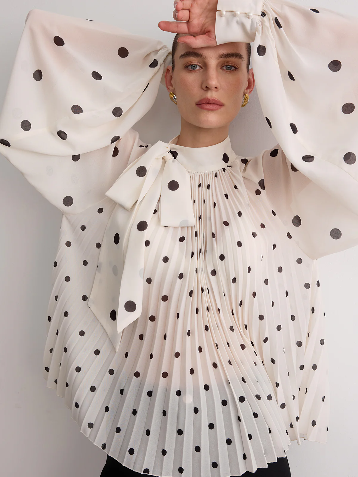 Bow Neck Pleated Polka Dot Blouse - Image 3