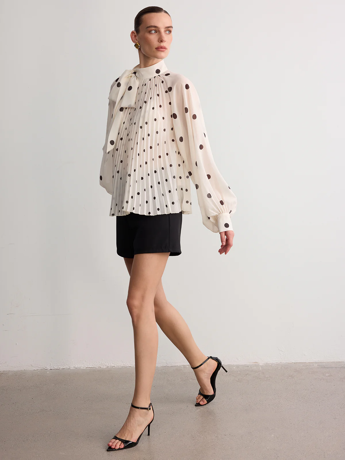 Bow Neck Pleated Polka Dot Blouse - Image 4